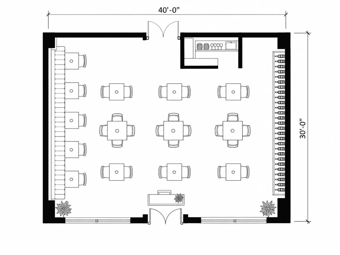 Fine dining restaurant layout with spaced tables, wall banquettes and a hidden service station