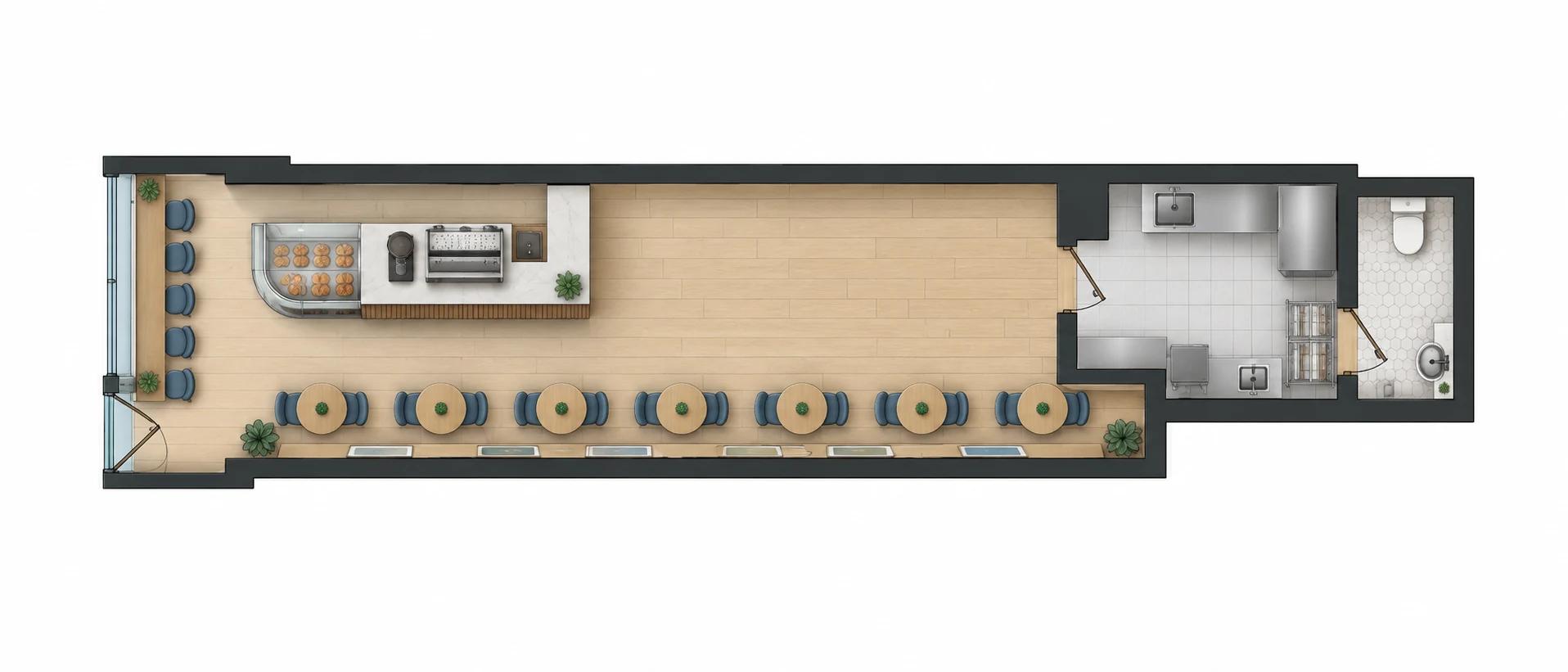 Small cafe layout with a pastry counter, a window bar and small tables in a narrow storefront