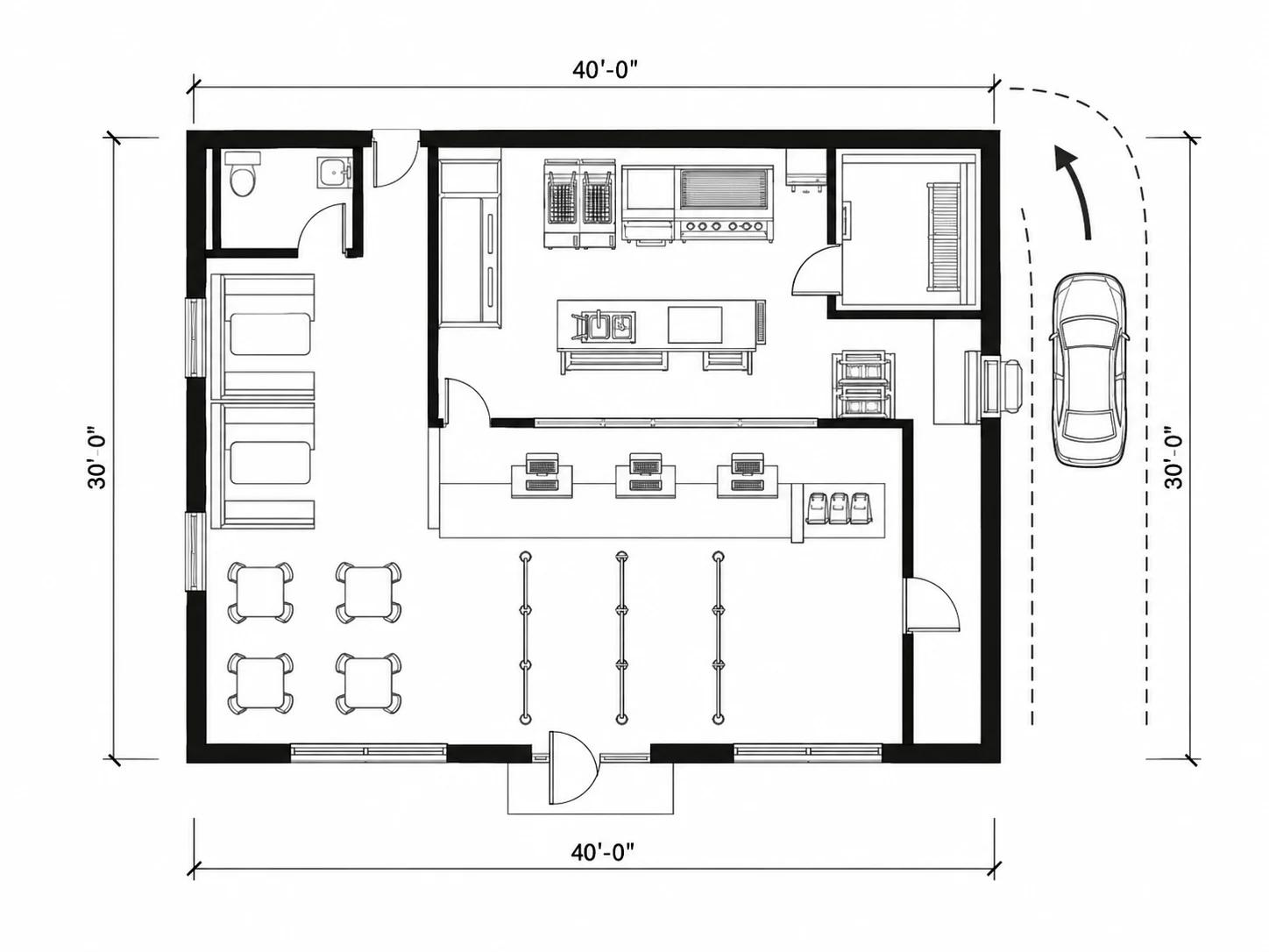Fast food restaurant layout with an order counter, queue lane and drive-thru window