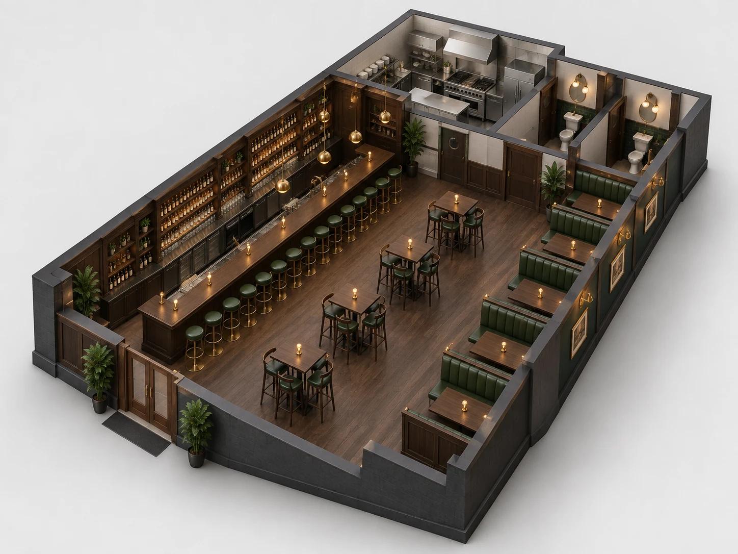 Bar and restaurant layout with a long bar counter, high-top tables and booth seating