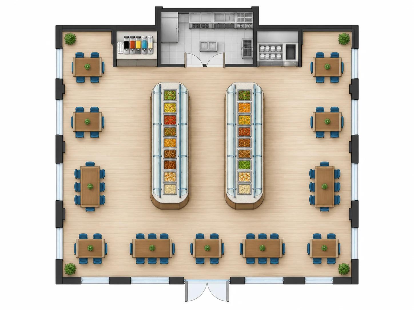 Buffet restaurant layout with two double-sided serving lines and perimeter seating