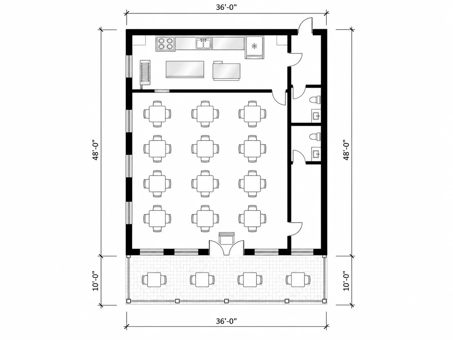 Casual dining layout from the restaurant floor plan maker with an outdoor patio and a staff corridor