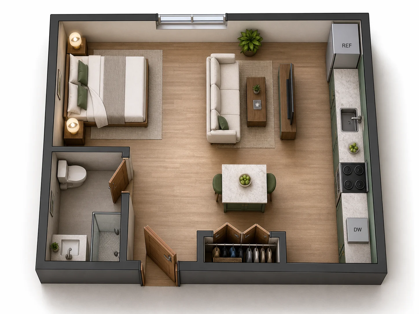3D isometric cutaway render of a floor plan generated by FloorAI's floor-plan-to-3D tool