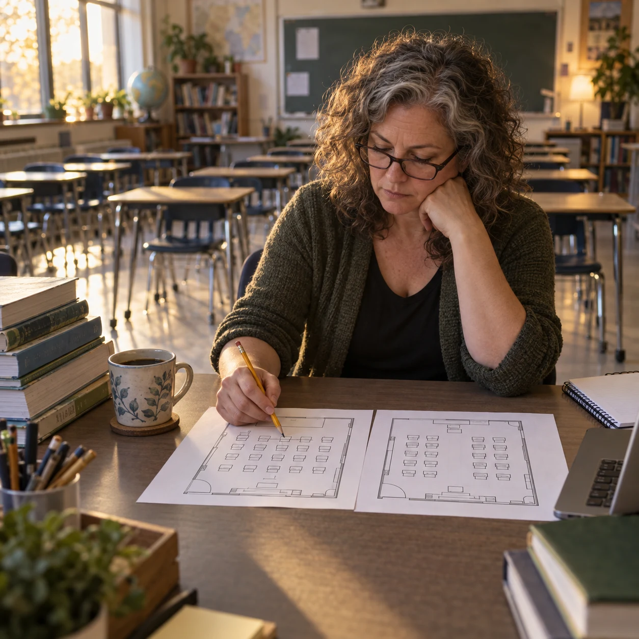 Teacher comparing two printed classroom seating layouts at a desk