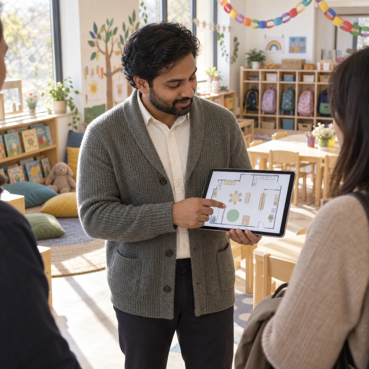 Daycare director reviewing a preschool classroom layout on a tablet