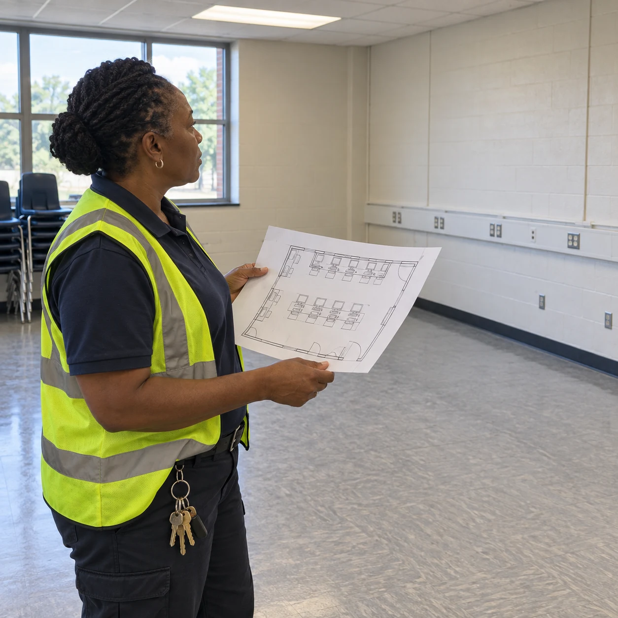 School facilities manager holding a computer lab layout in an empty classroom