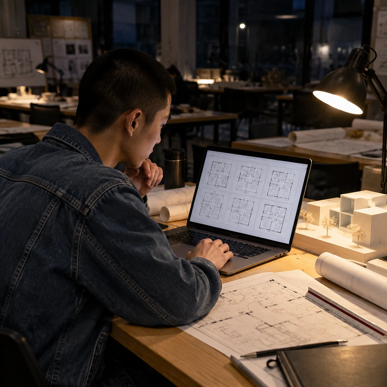 Architecture student reviewing classroom layout options on a laptop