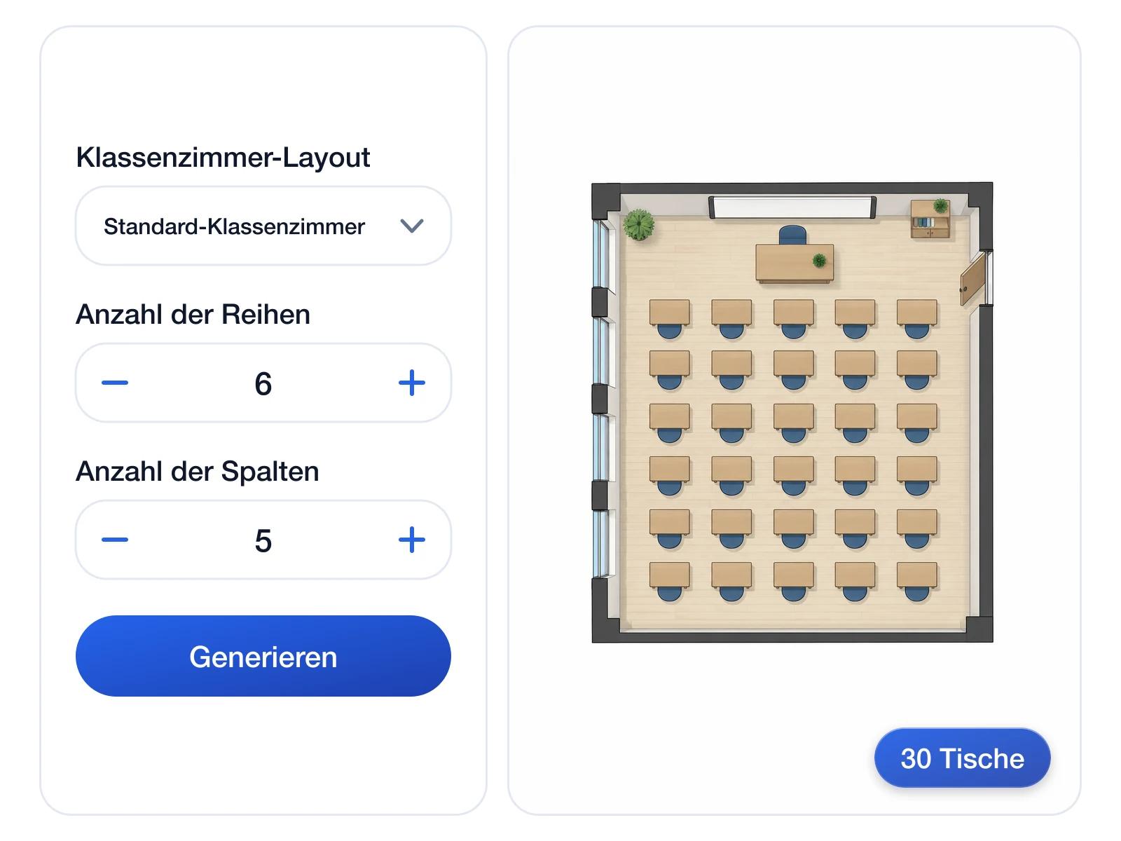 Bedienelemente für Reihen und Spalten neben einer generierten Sitzordnung mit 30 Tischen