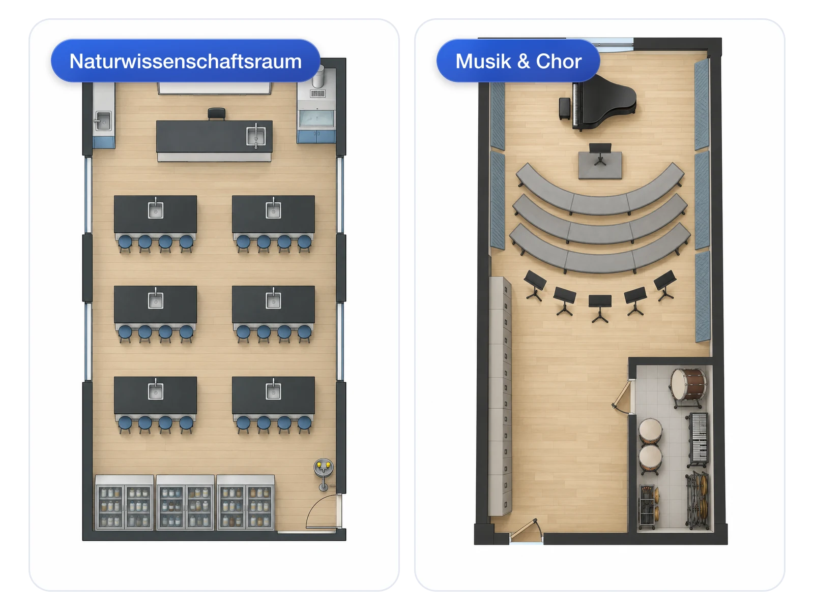 Vergleich zweier Raumlayouts: Naturwissenschaftlicher Fachraum und Musik- & Chorraum