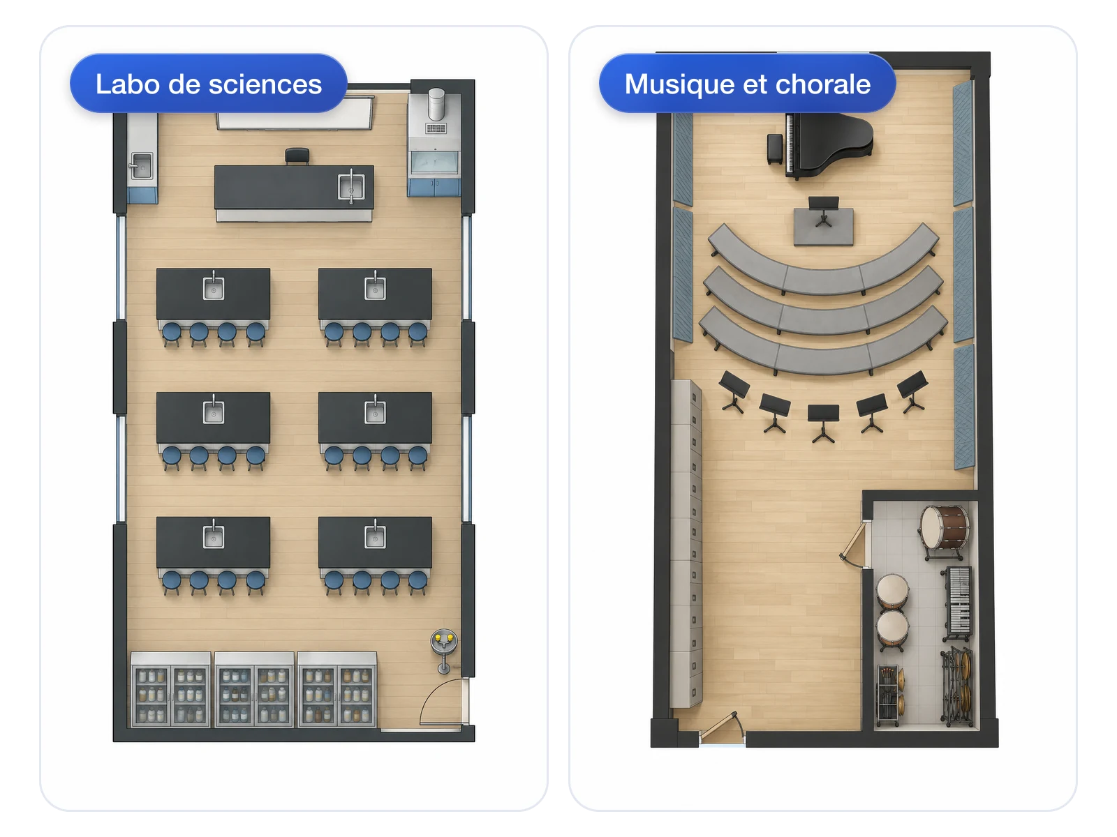 Agencements d'un laboratoire de sciences et d'une salle de musique et chorale présentés côte à côte