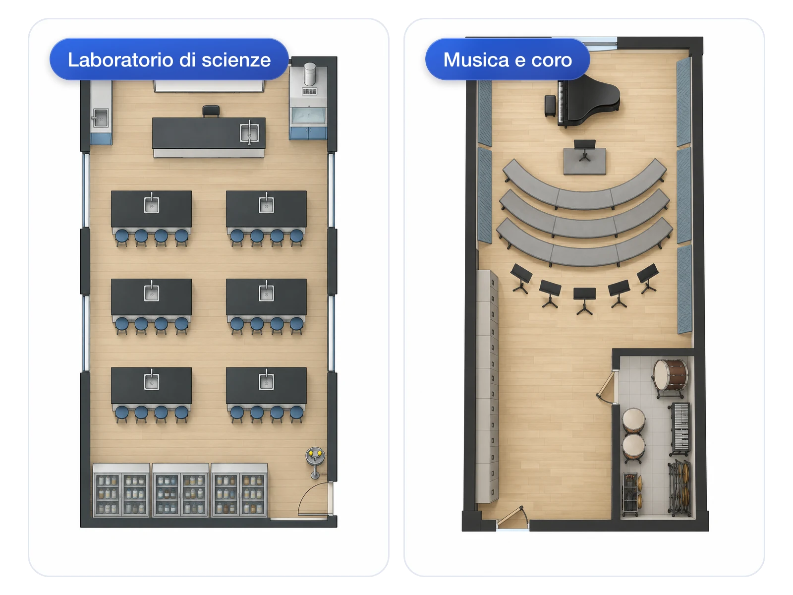 Confronto affiancato tra il layout di un laboratorio di scienze e quello di un'aula di musica e coro