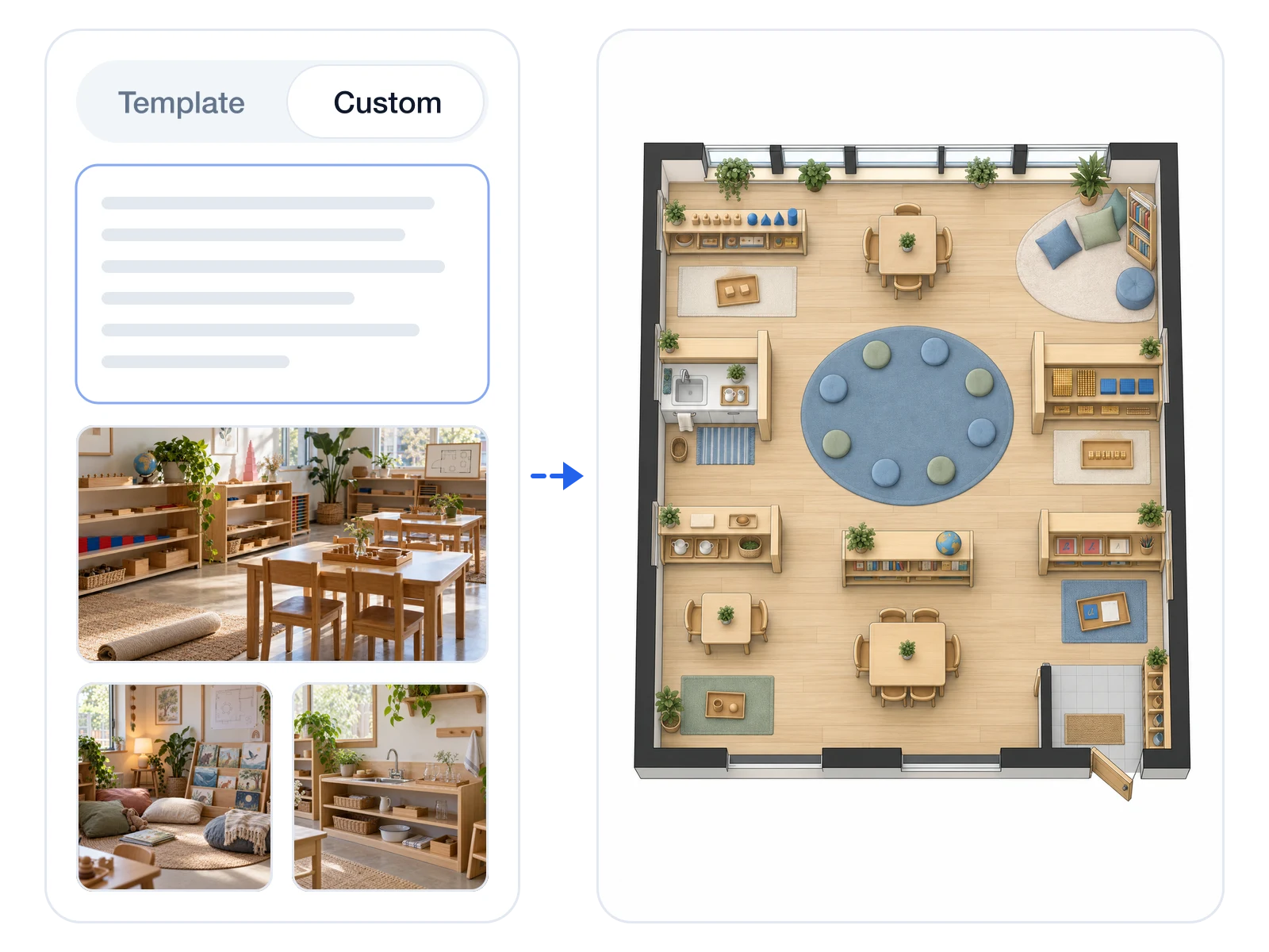 Montessori classroom layout generated from a written brief and reference photos