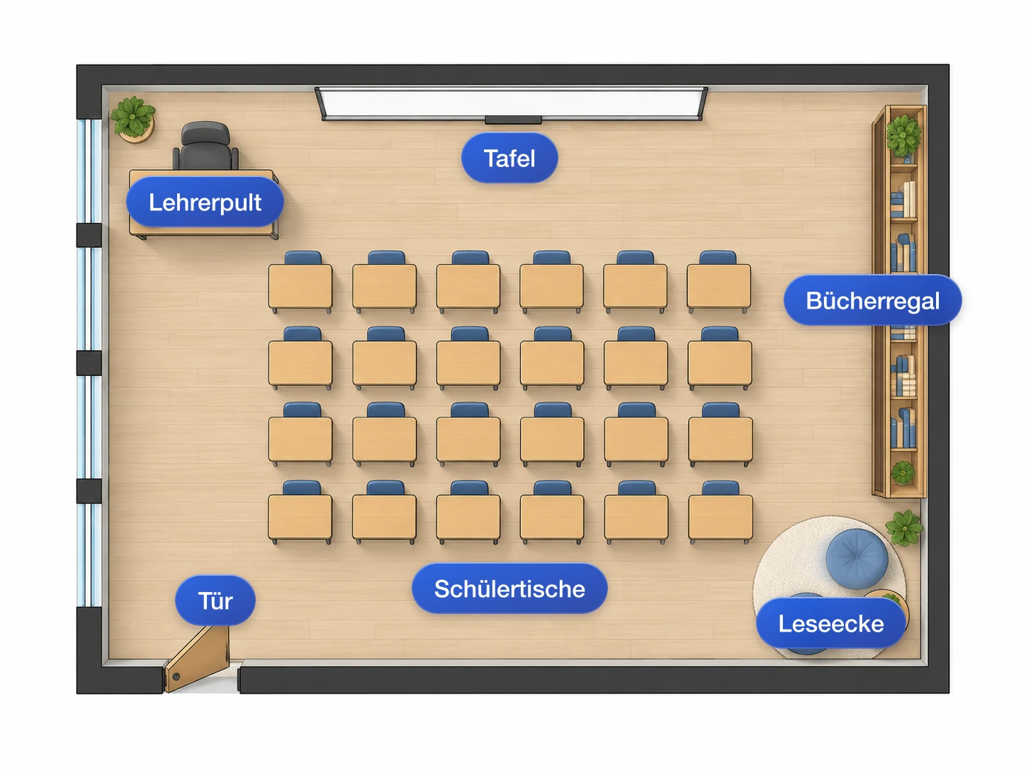 Raumlayout mit detaillierten Raum- und Möbelbeschriftungen