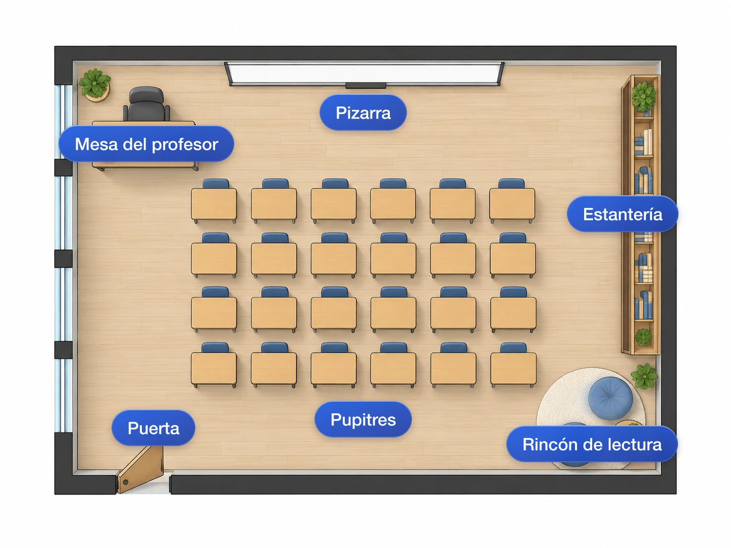 Distribución de aula con rótulos de mobiliario y estancias en español