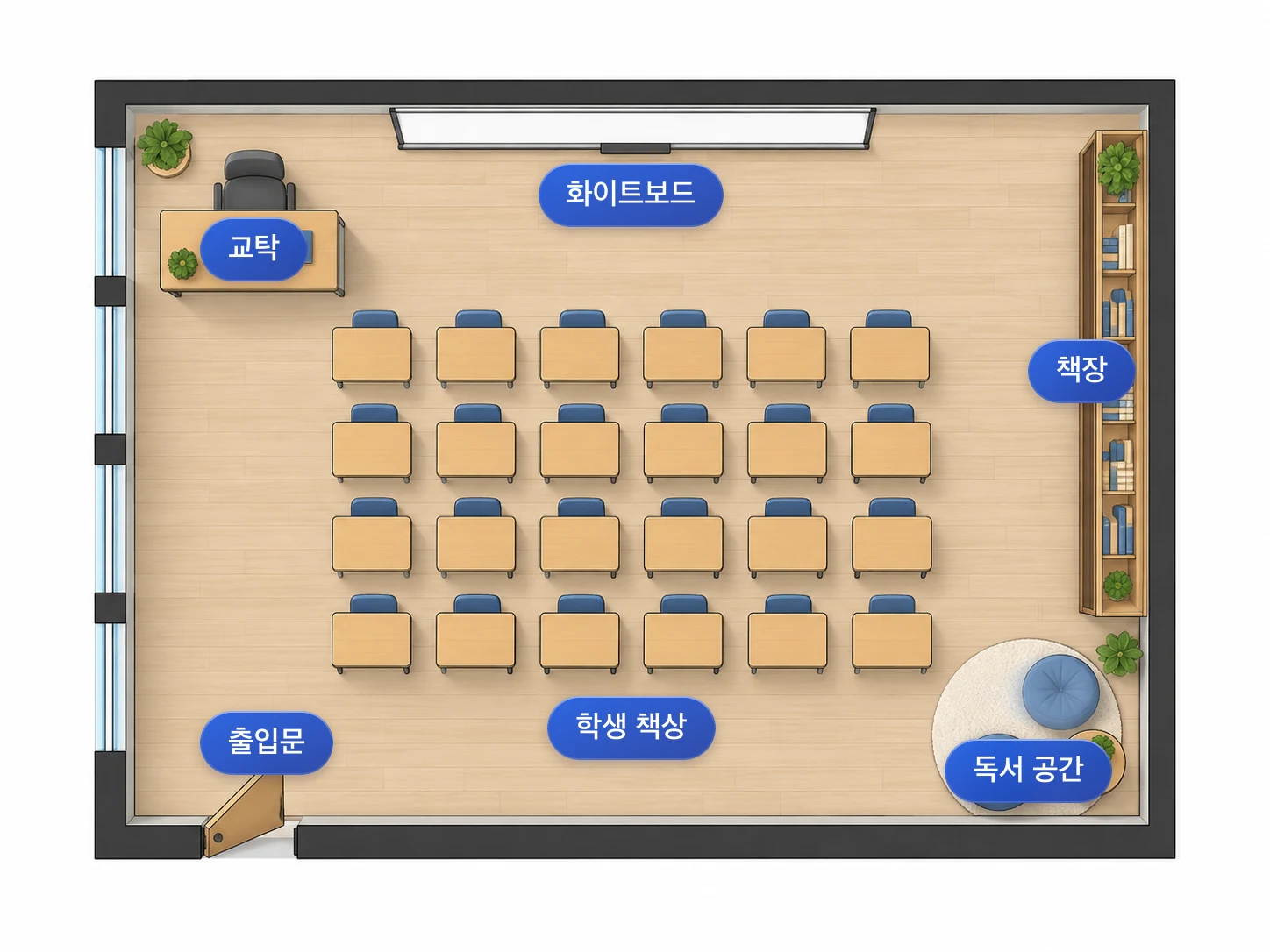 교실 및 가구 라벨이 표시된 레이아웃