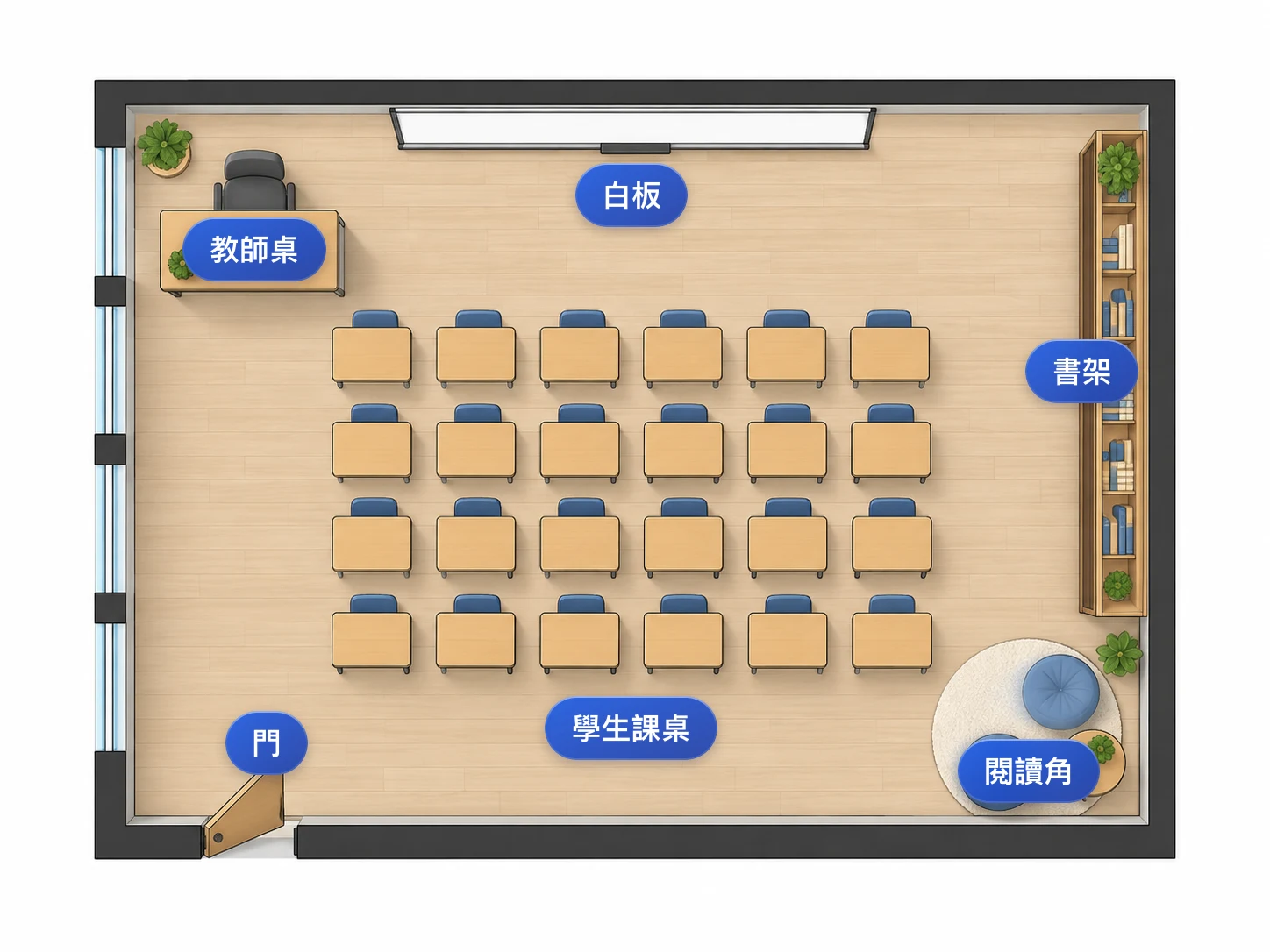 帶有繁體中文空間與家具標籤的教室平面圖