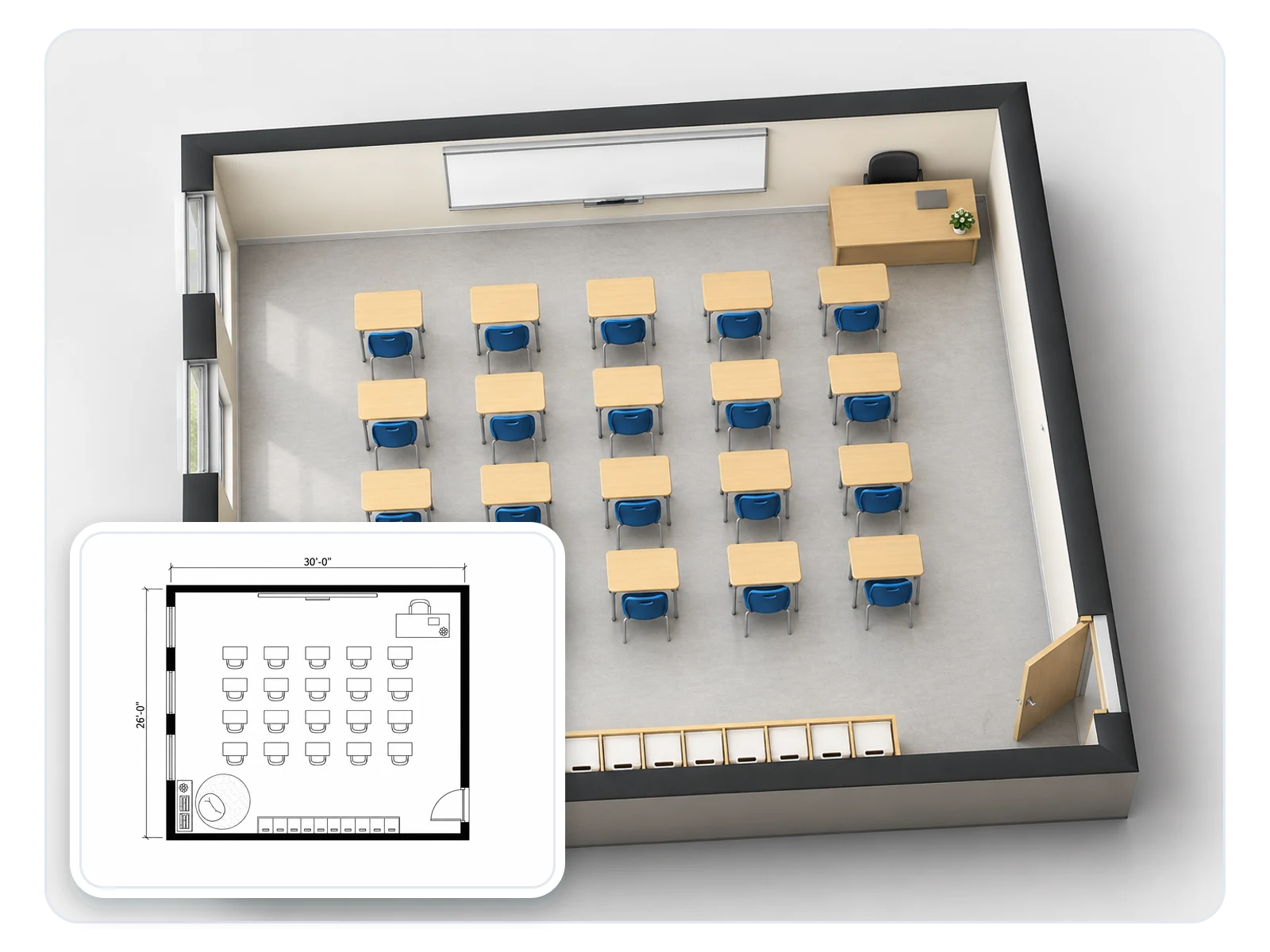 Classroom plan converted into a 3D isometric classroom view