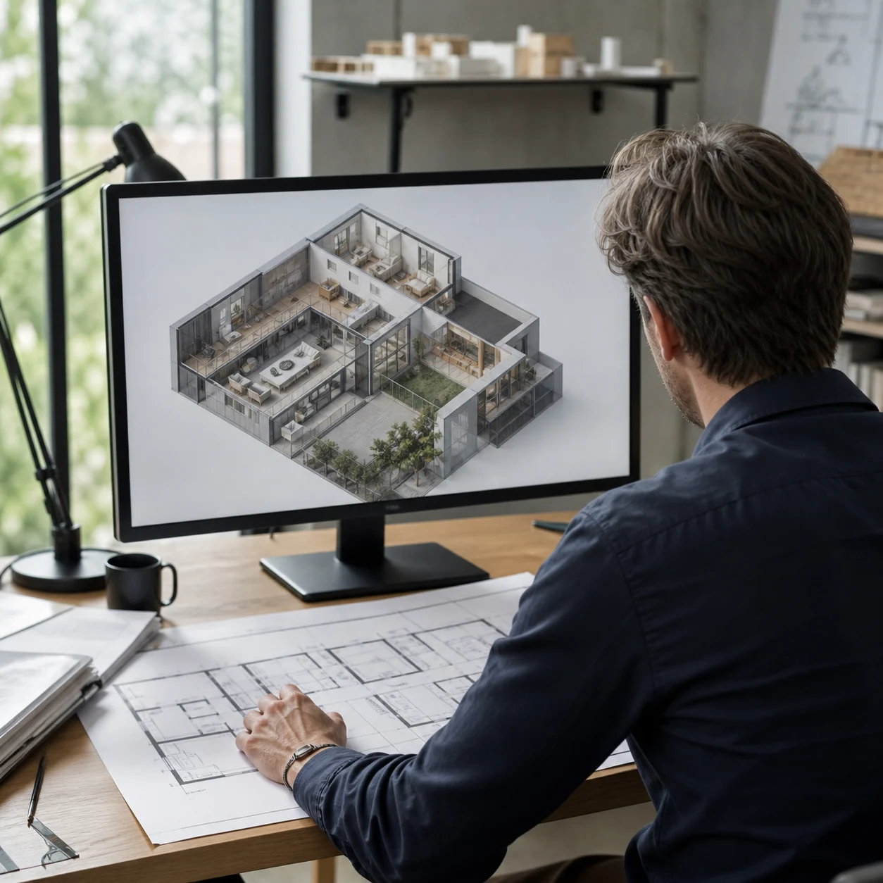 Architect reviewing a 3D floor plan conversion on a monitor next to the original 2D drawing