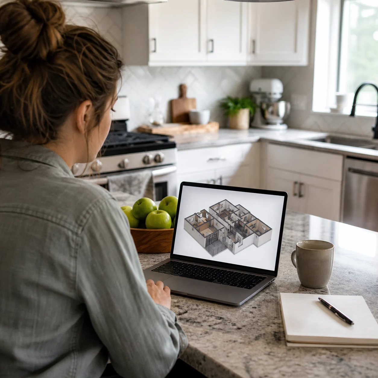 Homeowner comparing a 2D layout and its 3D conversion before a renovation