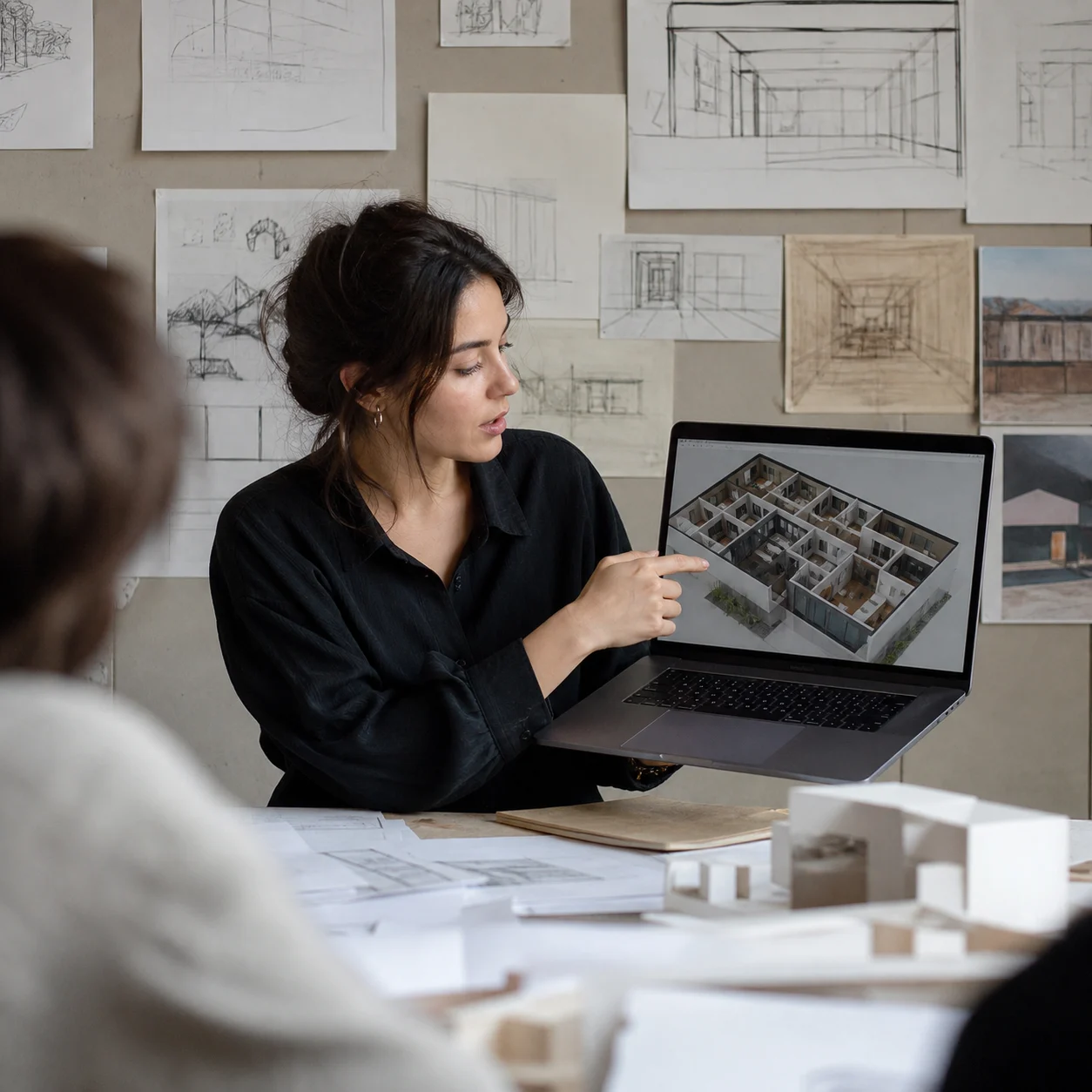 Architecture student presenting a 3D floor plan conversion for a studio project
