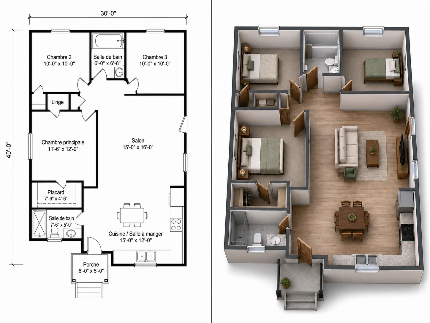 Comparaison côte à côte d'un plan 2D et de sa conversion en plan 3D avec des positions de murs identiques