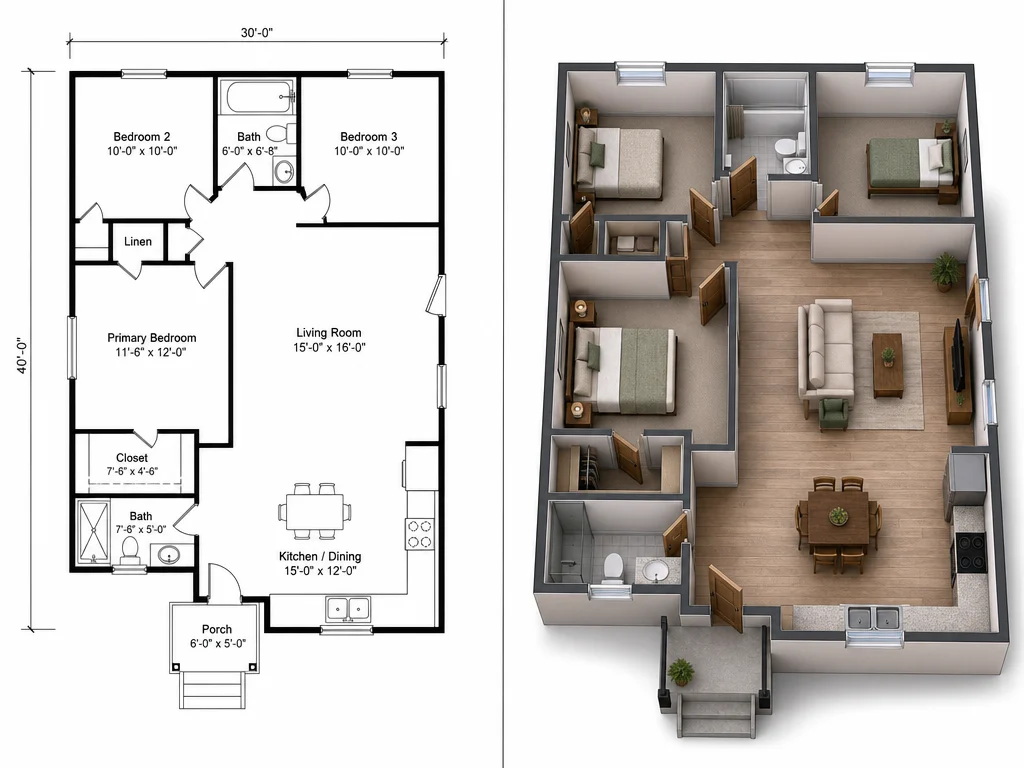 Side-by-side comparison of a 2D layout and its 3D conversion with matching wall positions