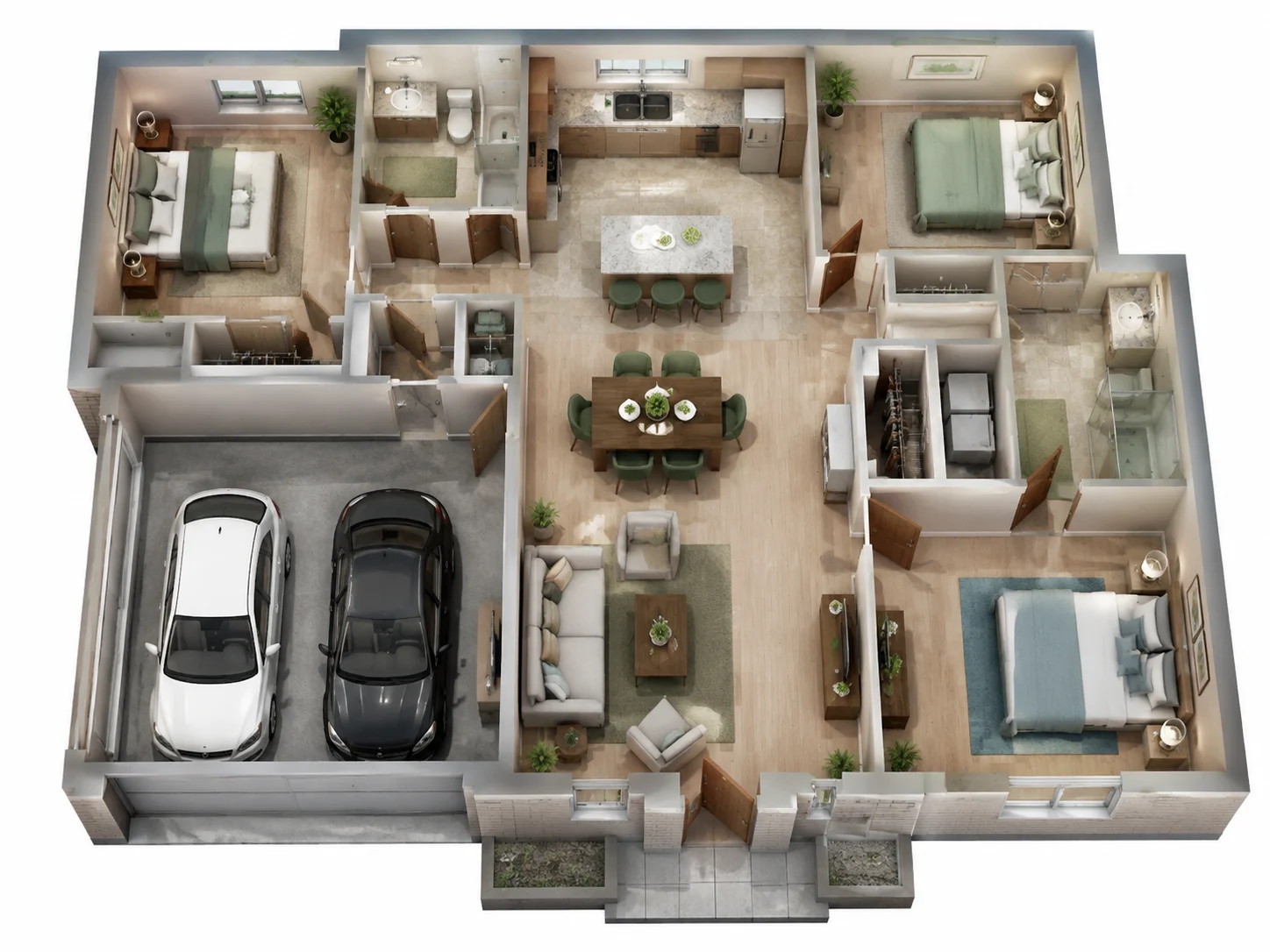 Isometric 3D cutaway showing interior room volumes from above