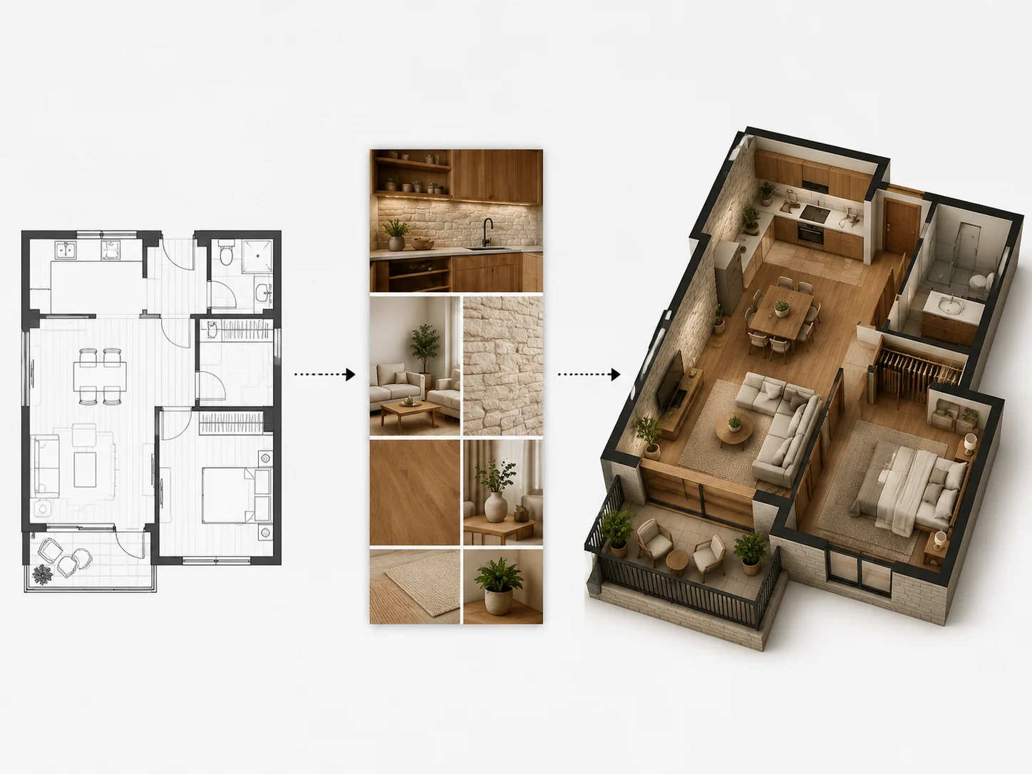 3D cutaway styled using a reference photo for materials and furnishings