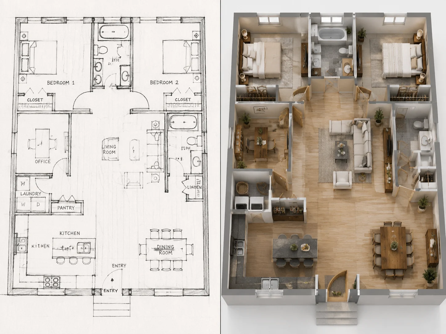 Hand-drawn layout sketch alongside its converted 3D cutaway