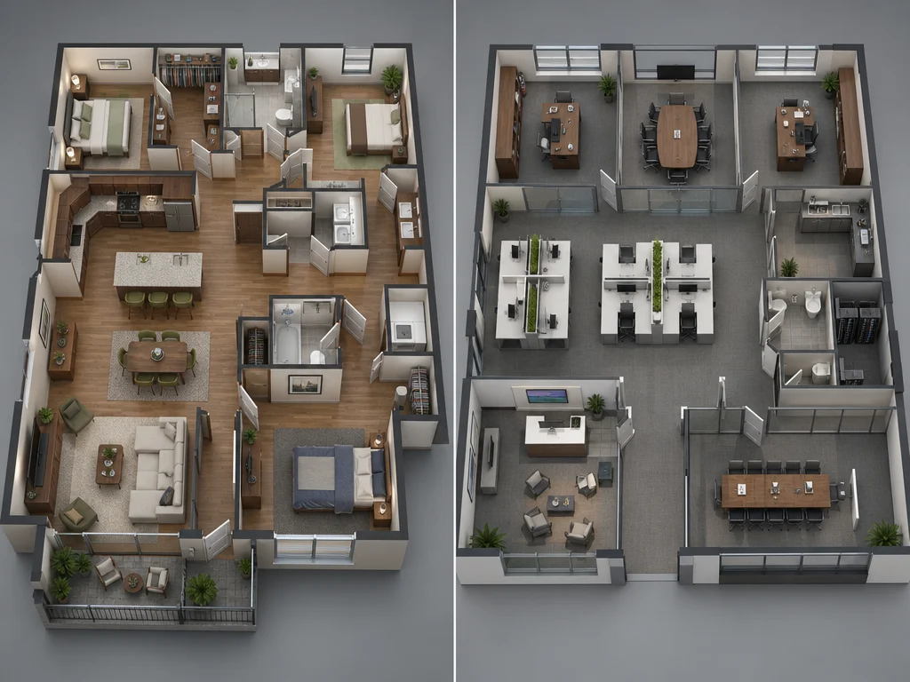3D cutaway conversions of a residential apartment and a commercial office side by side