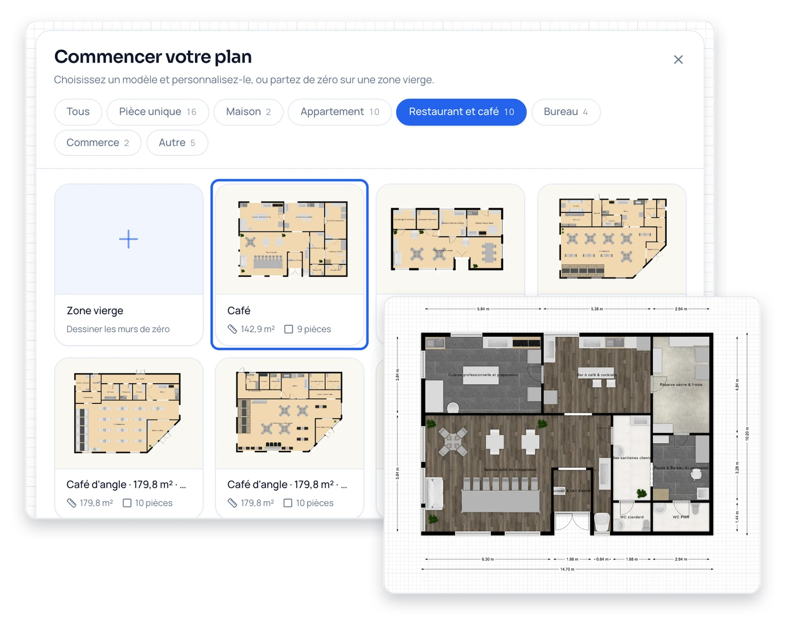 Panneau de départ du logiciel plan maison avec des modèles de restaurant, de bureau et d'appartement