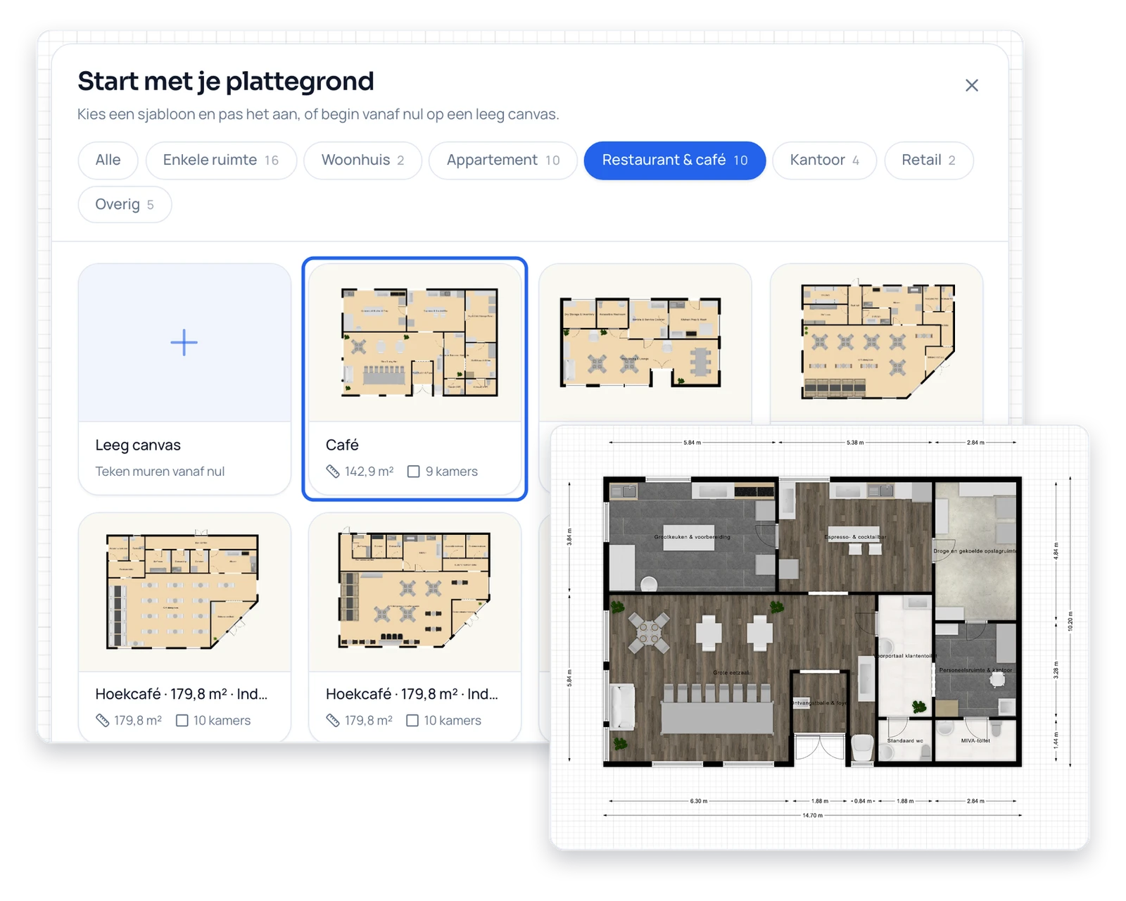 Startpaneel van de plattegrondmaker met sjablonen voor restaurant, kantoor en appartement