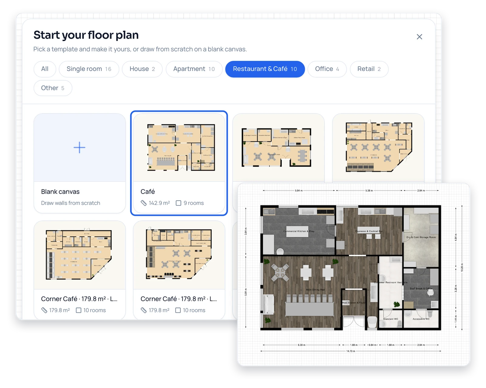 Floor plan maker start card with restaurant, office and apartment layout templates