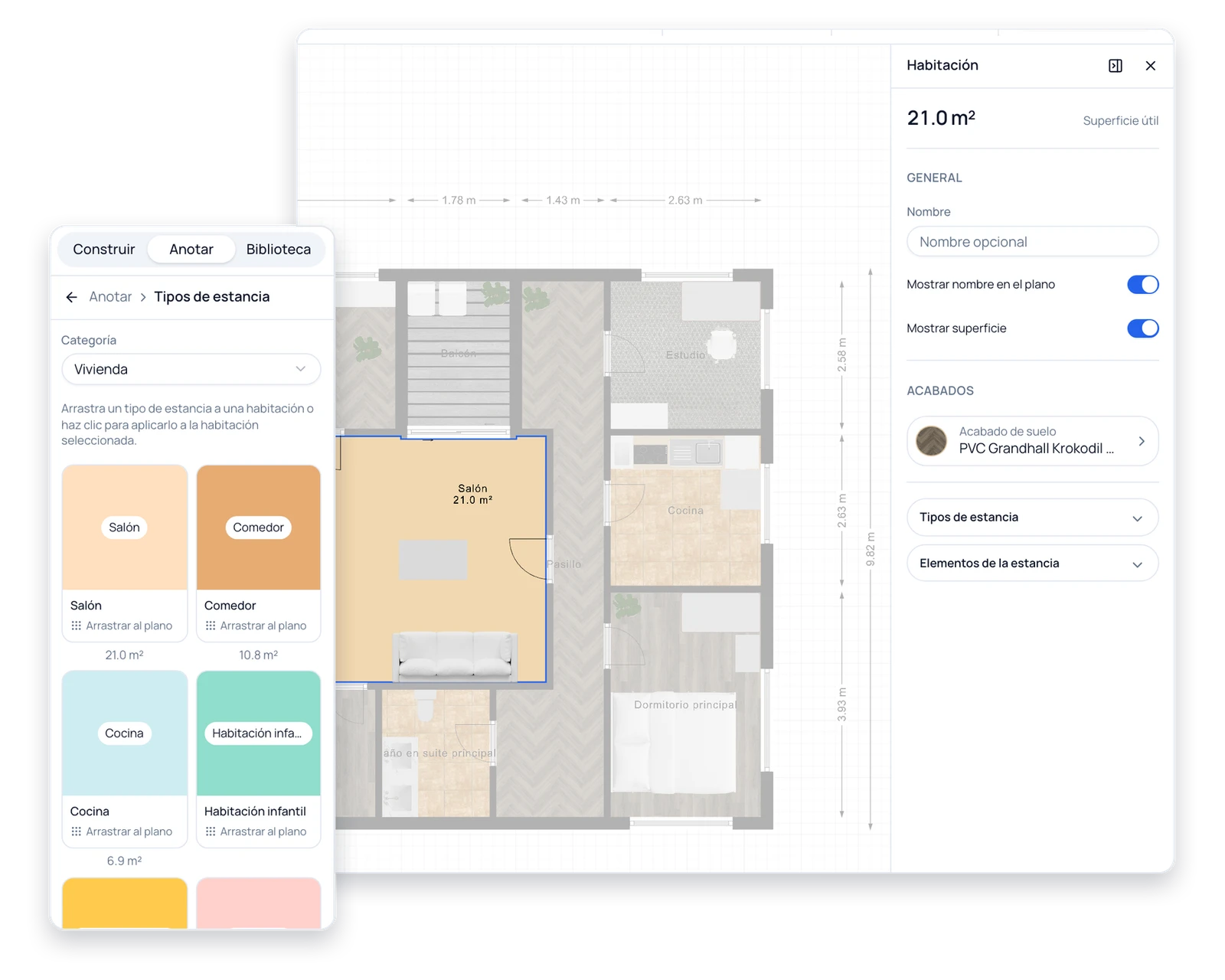 Plano de apartamento con nombres de habitaciones, superficies y superficie total