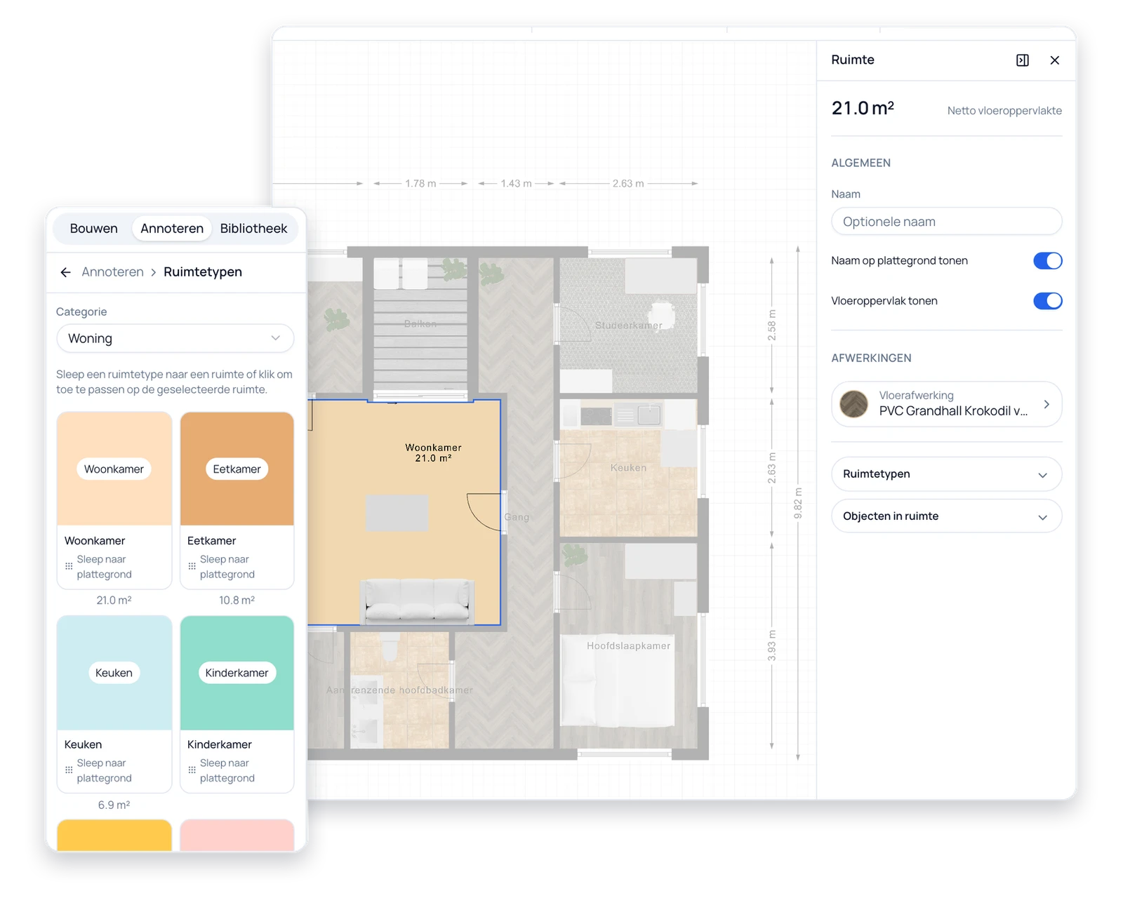 Plattegrond van een appartement met ruimtenamen, oppervlaktes en totale oppervlakte