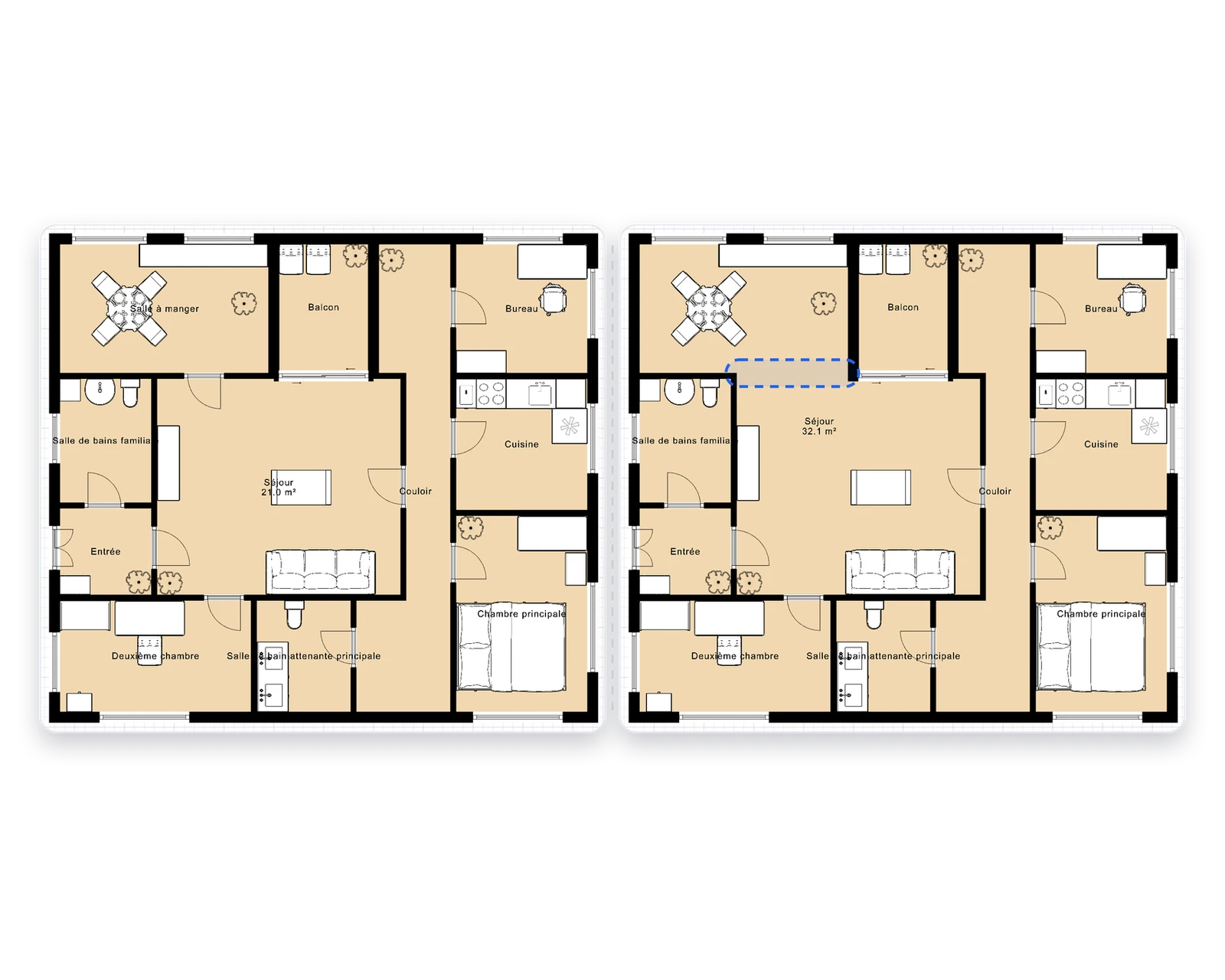 Deux variantes d'aménagement du même appartement côte à côte
