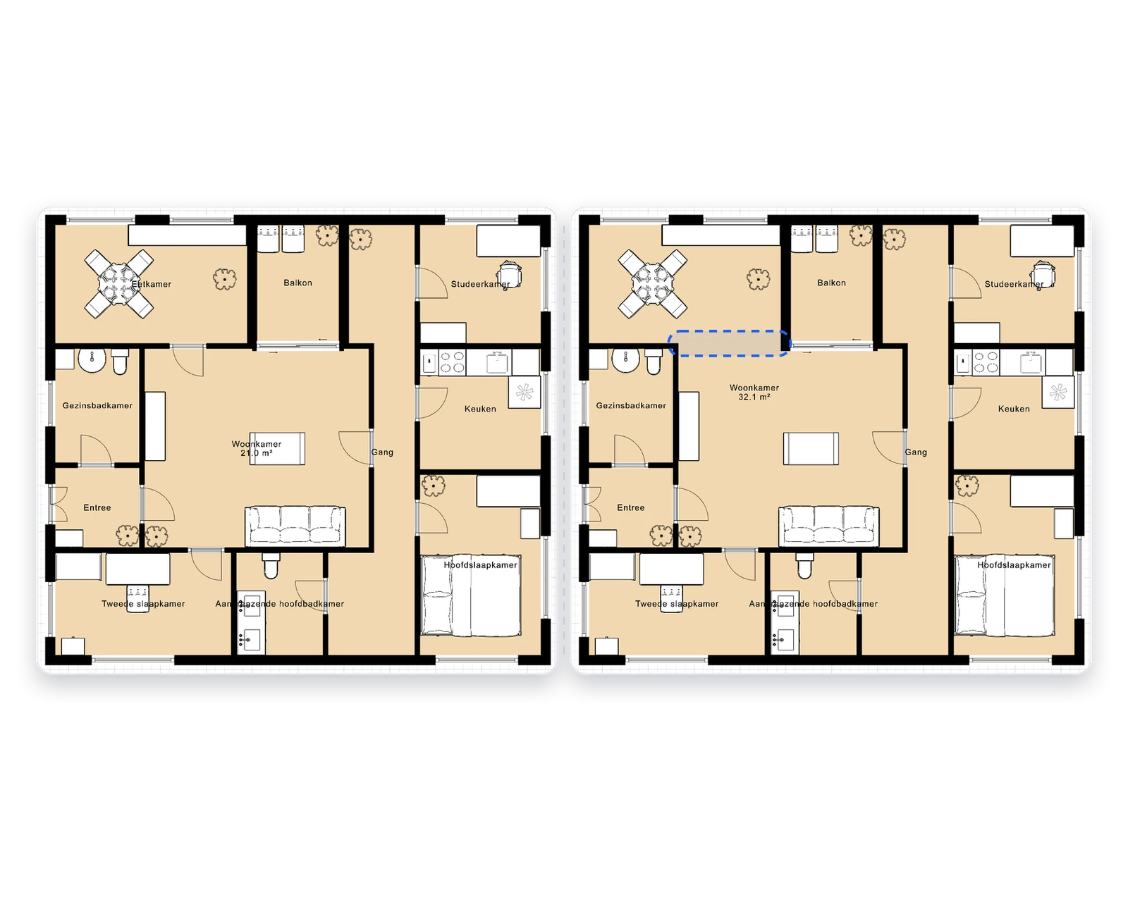 Twee indelingen van hetzelfde appartement naast elkaar