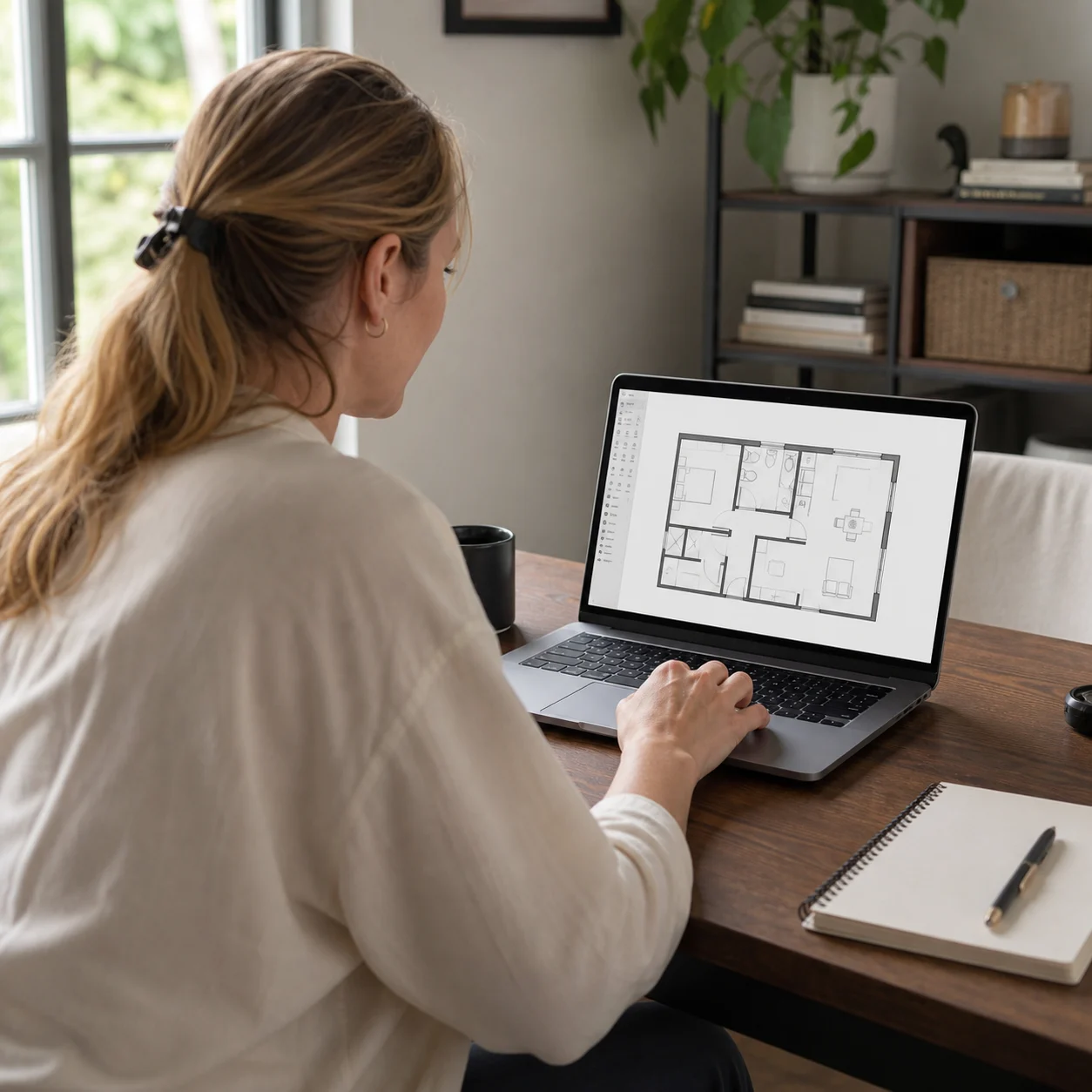 Makelaar bewerkt een plattegrond voor een woningpresentatie