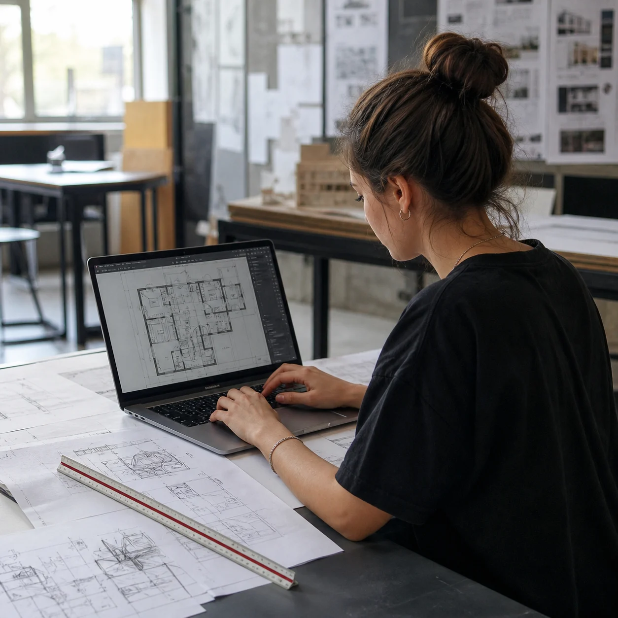 Architectuurstudent bewerkt een plattegrond voor een studiopresentatie