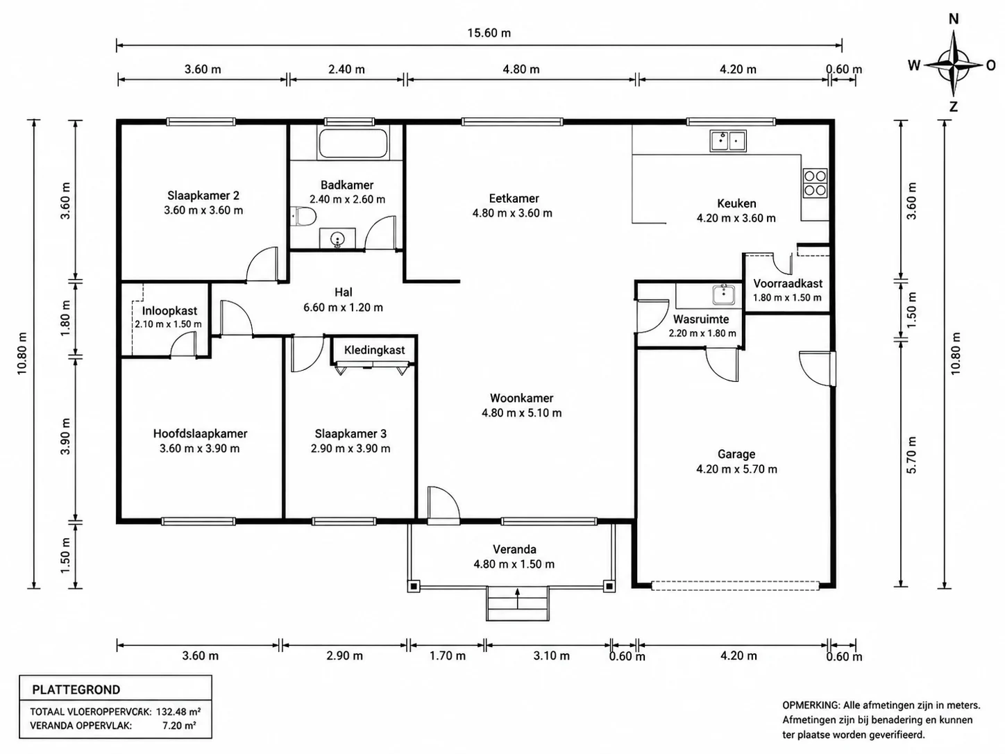 Plattegrond met automatisch toegevoegde afmetingen en een kompas