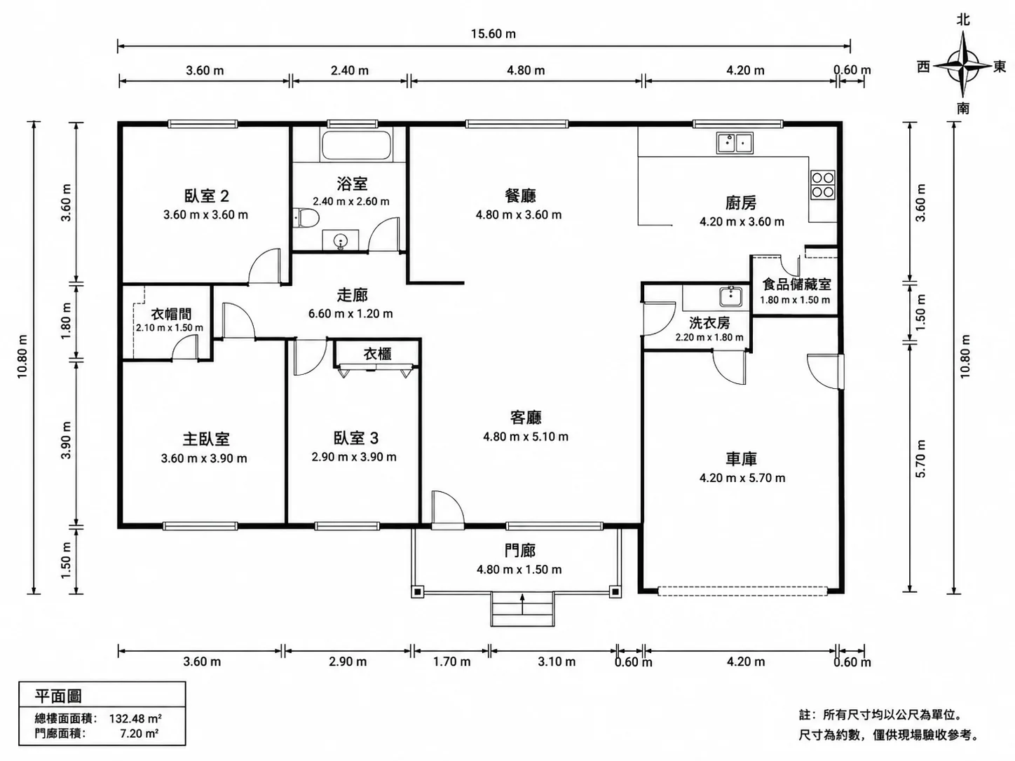 自動加入尺寸標籤與指北針的格局圖