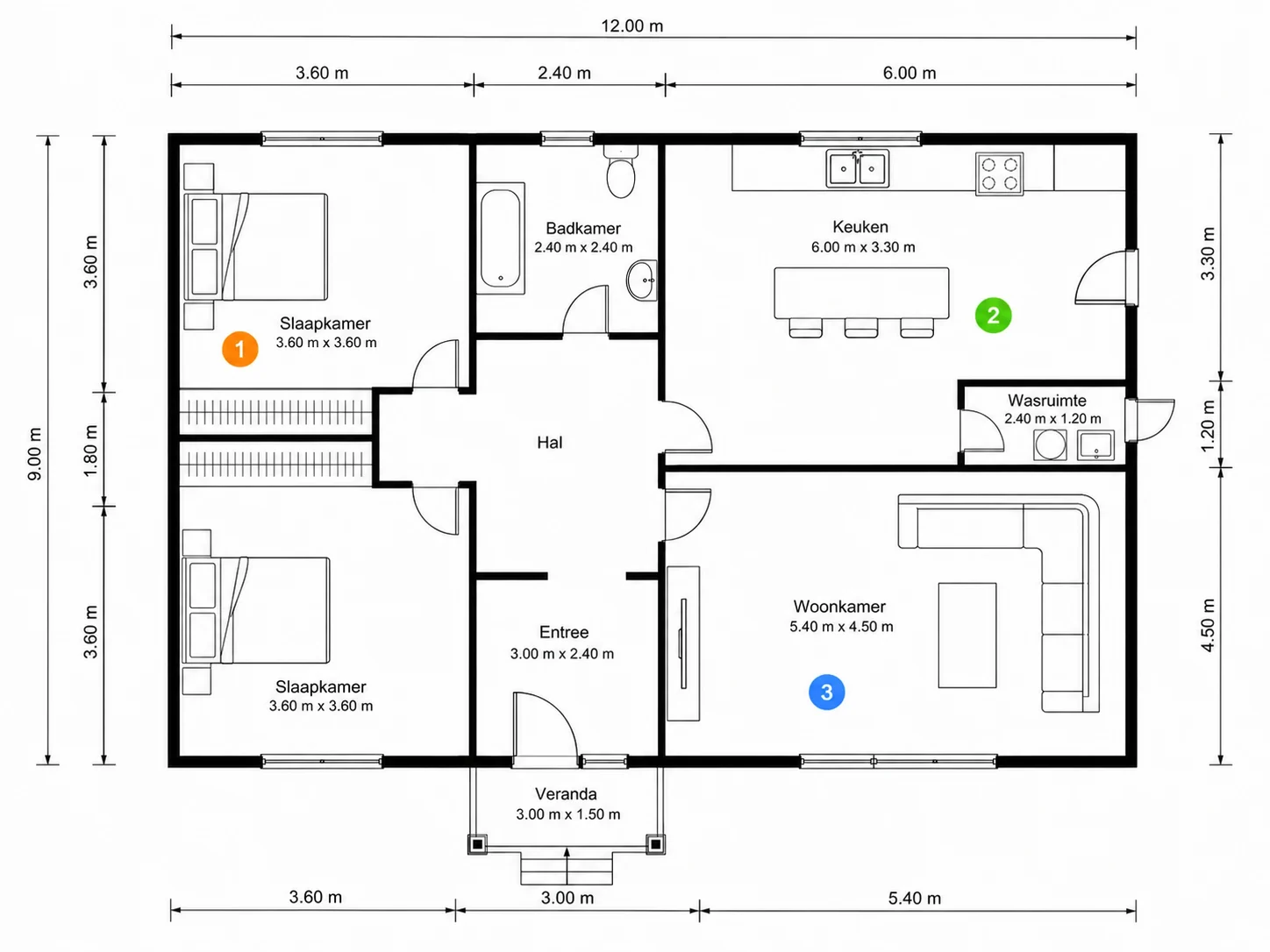 Drie genummerde markeringen op een plattegrond met elk een eigen instructie