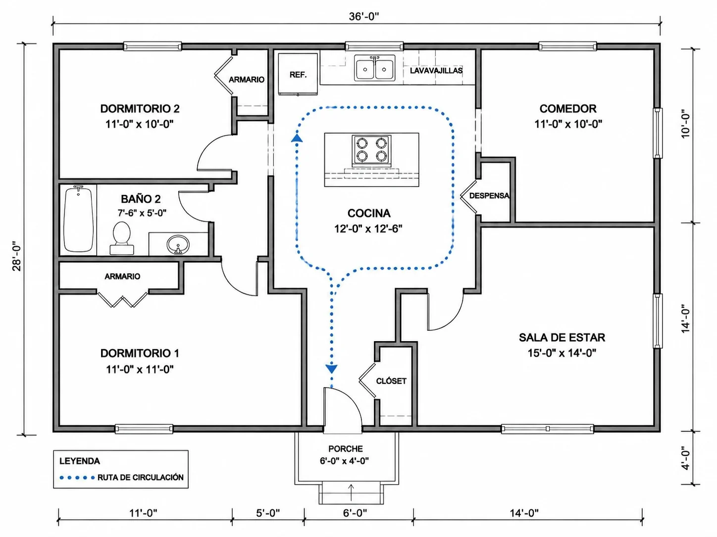 Ruta de circulación revisada alrededor de una cocina generada por el optimizador de planos con IA