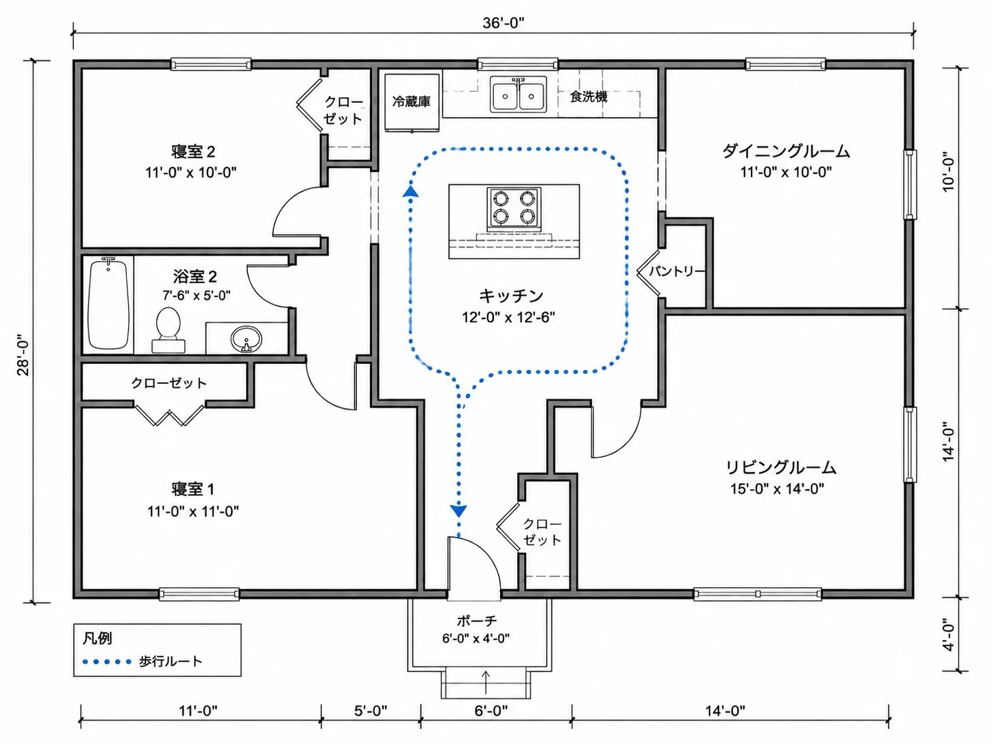 最適化ツールによって生成された、キッチン周りの修正された動線