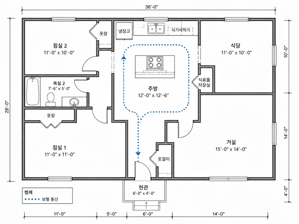 최적화 도구가 생성한 주방 주변의 수정된 이동 동선