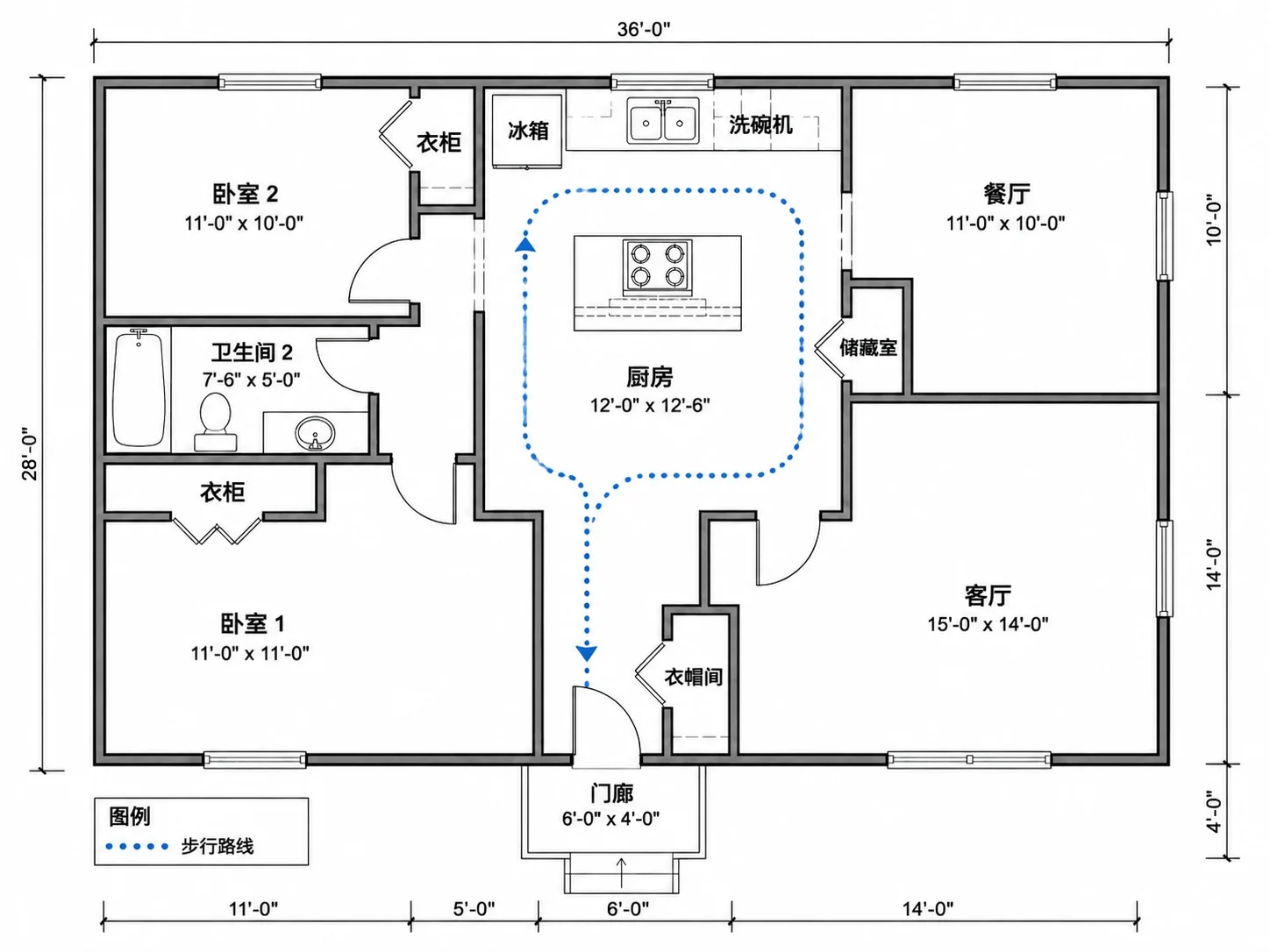 优化器生成的绕开厨房的修改后动线路径