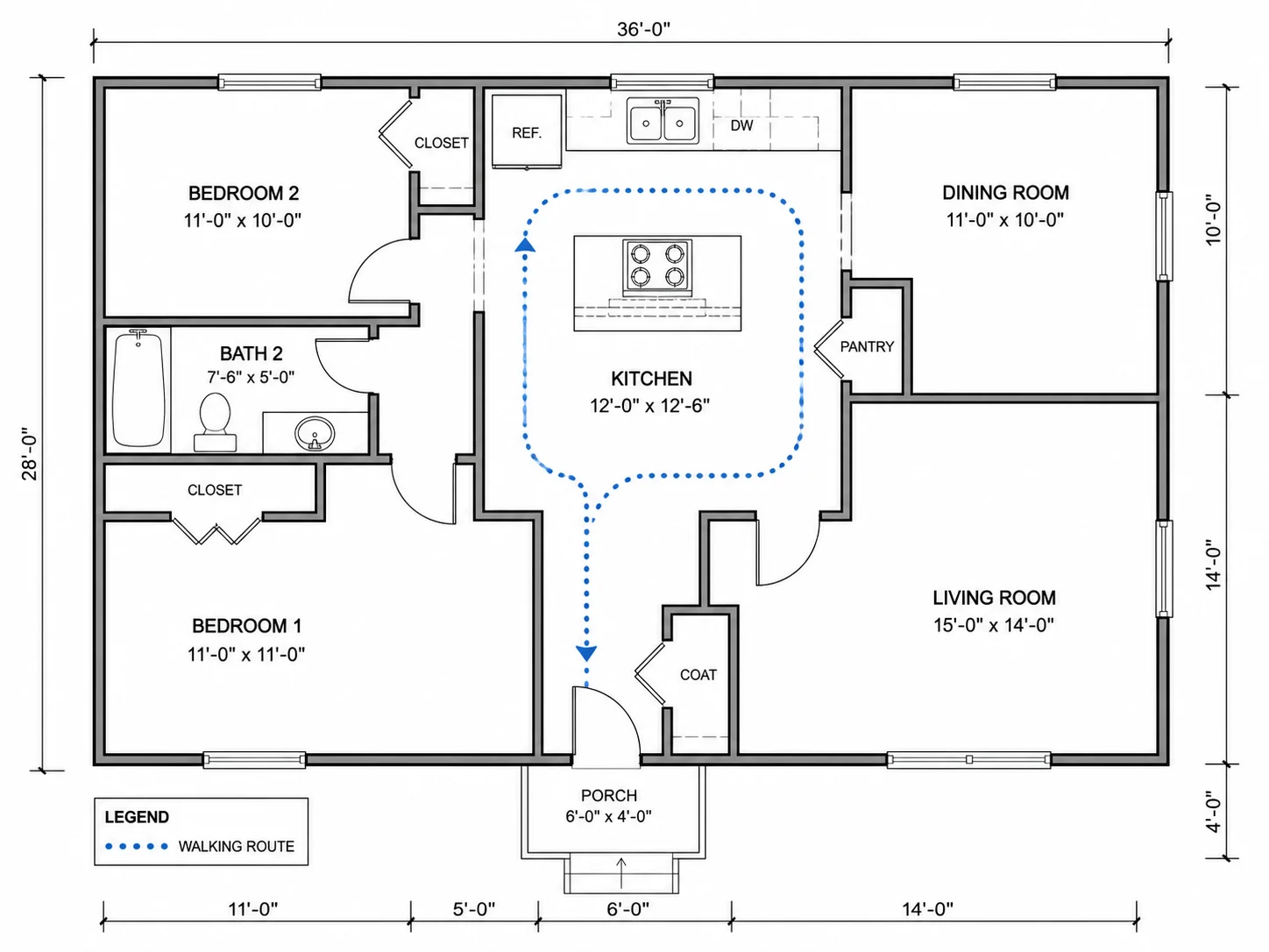 Revised circulation path around a kitchen generated by the optimizer