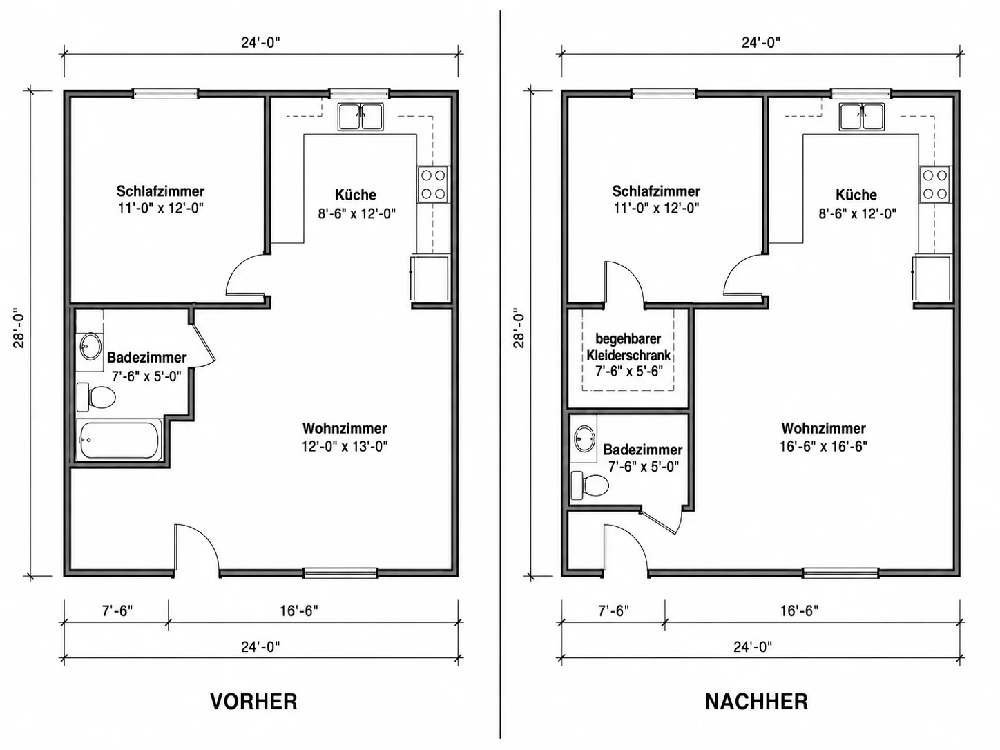 Grundriss mit vergrößertem Wohnzimmer und neuem begehbarem Kleiderschrank auf gleicher Fläche