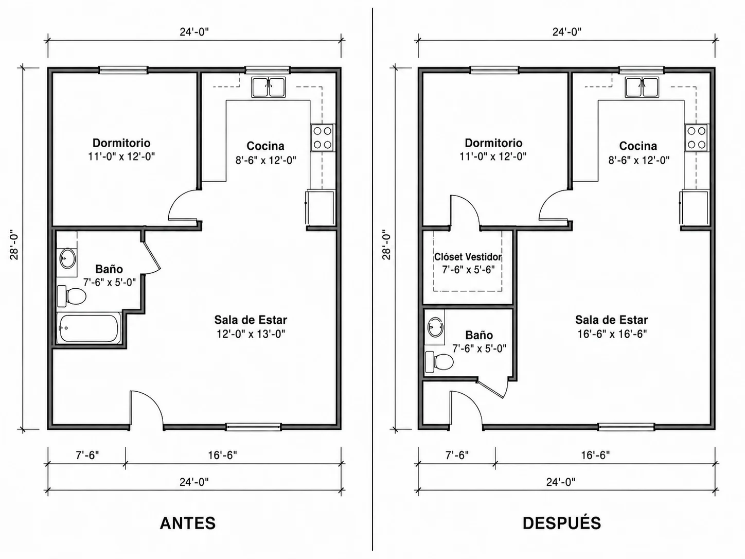 Plano que muestra un salón ampliado y un vestidor añadido en el mismo espacio por el optimizador de planos con IA