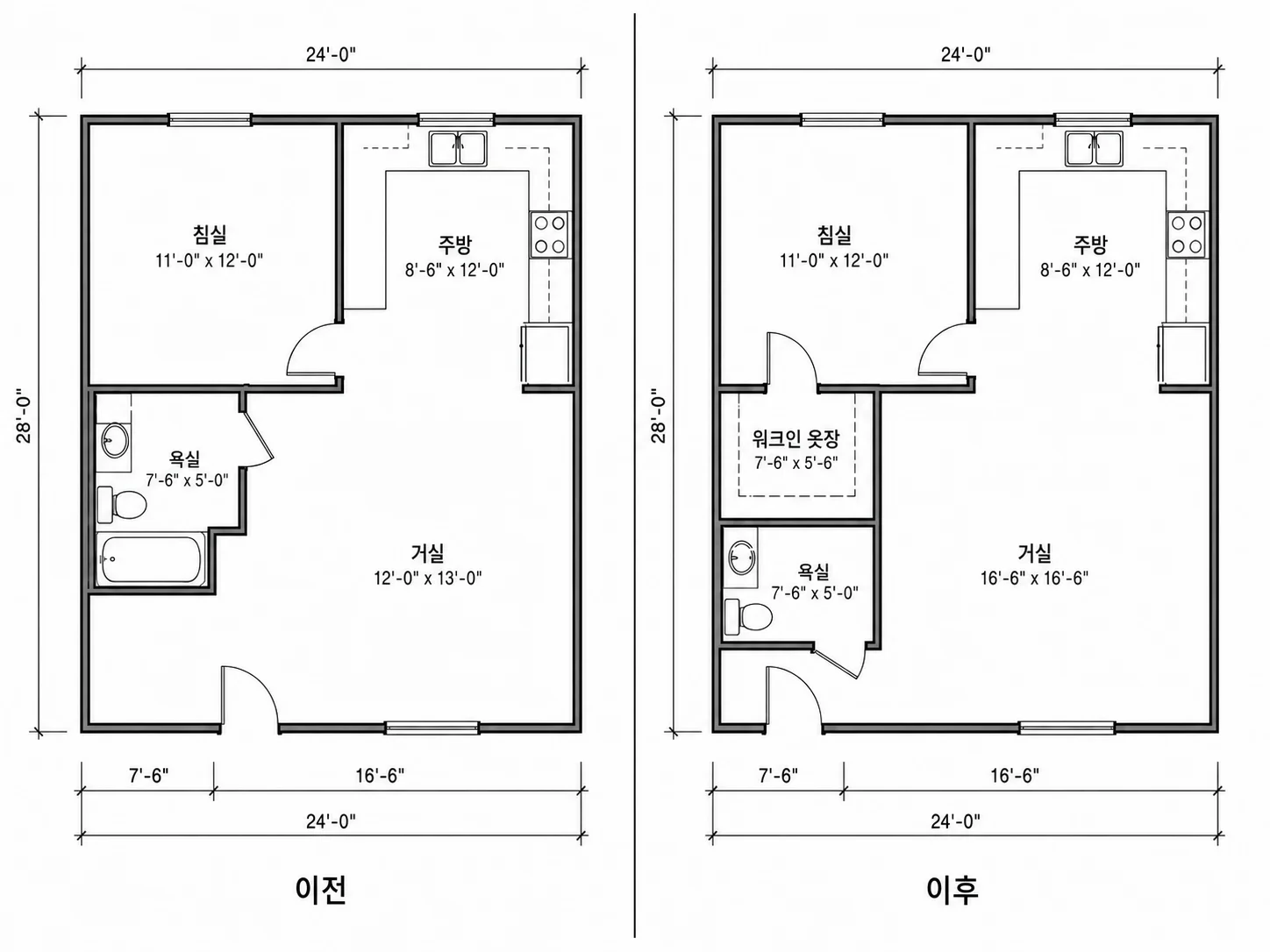 동일한 면적 내에서 크기가 조절된 거실과 추가된 대형 실내 옷장을 보여주는 평면도